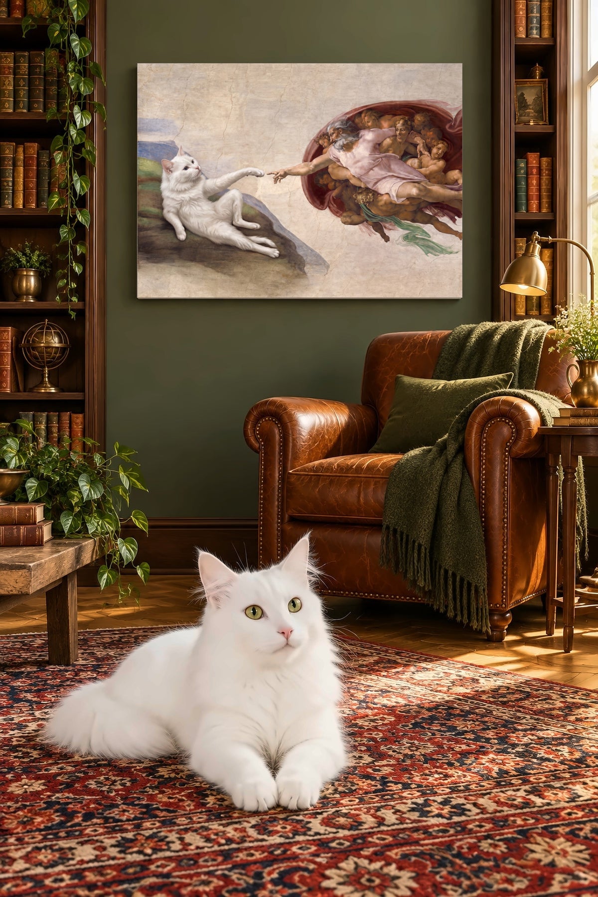 Leinwand in der Bibliothek: Deine Katze in Die Erschaffung Adams – personalisiertes Katzenportrait im Querformat