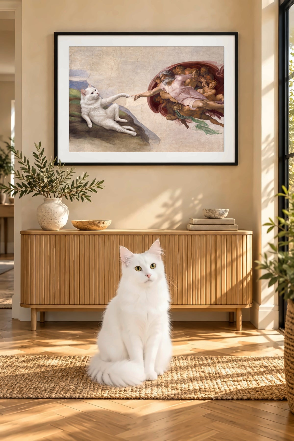 Poster im Flur: Deine Katze in Die Erschaffung Adams – personalisiertes Katzenportrait im Querformat