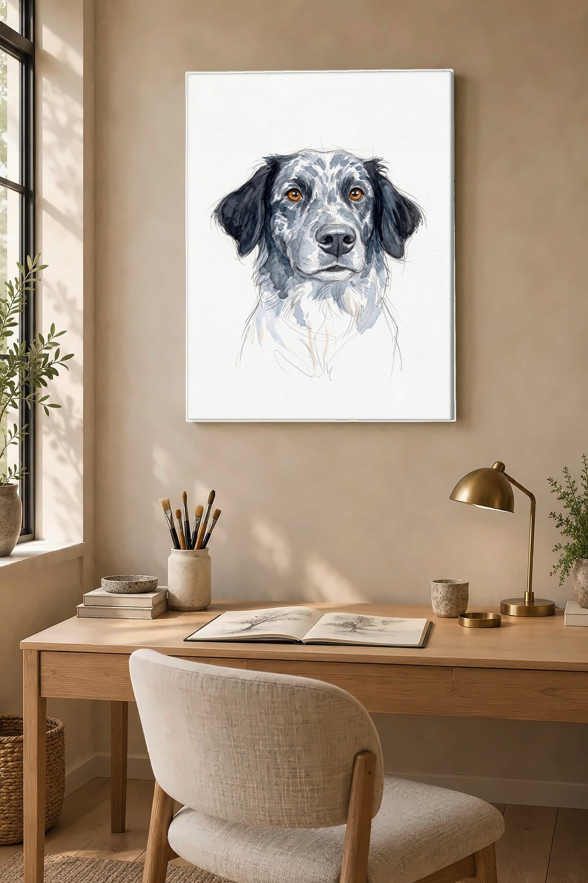 Leinwand im Arbeitszimmer: Dein Hund als Aquarell-Skizze – personalisiertes Hundeportrait