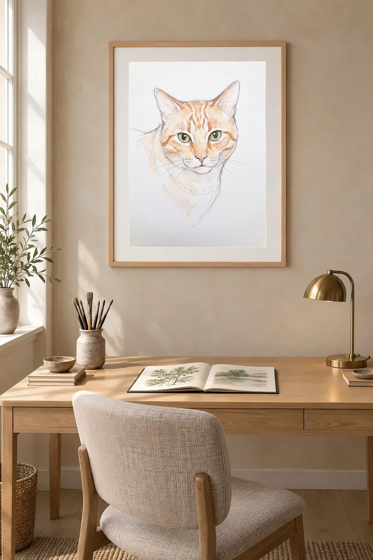 Poster im Arbeitszimmer: Deine Katze als Aquarell-Skizze – personalisiertes Katzenportrait