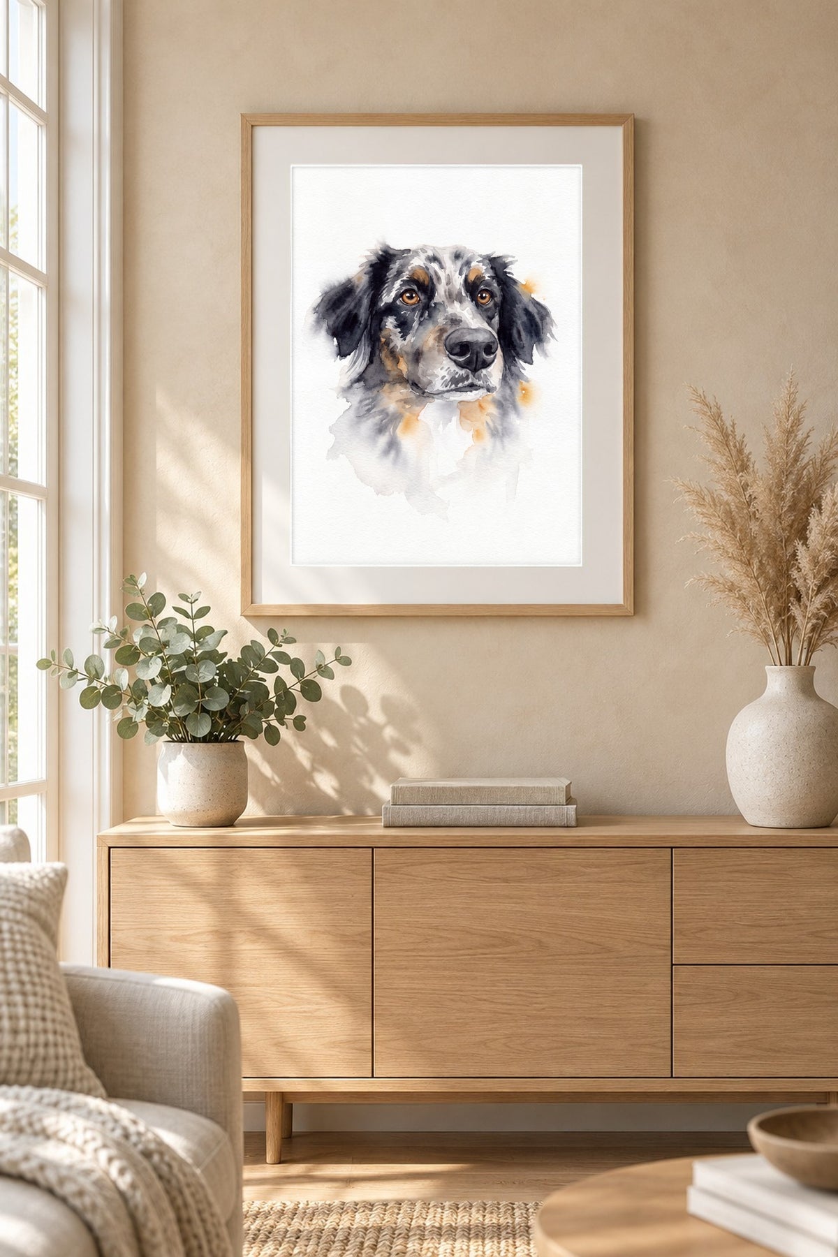 Poster im Wohnzimmer: Dein Hund als Aquarell-Portrait – personalisiertes Hundeportrait