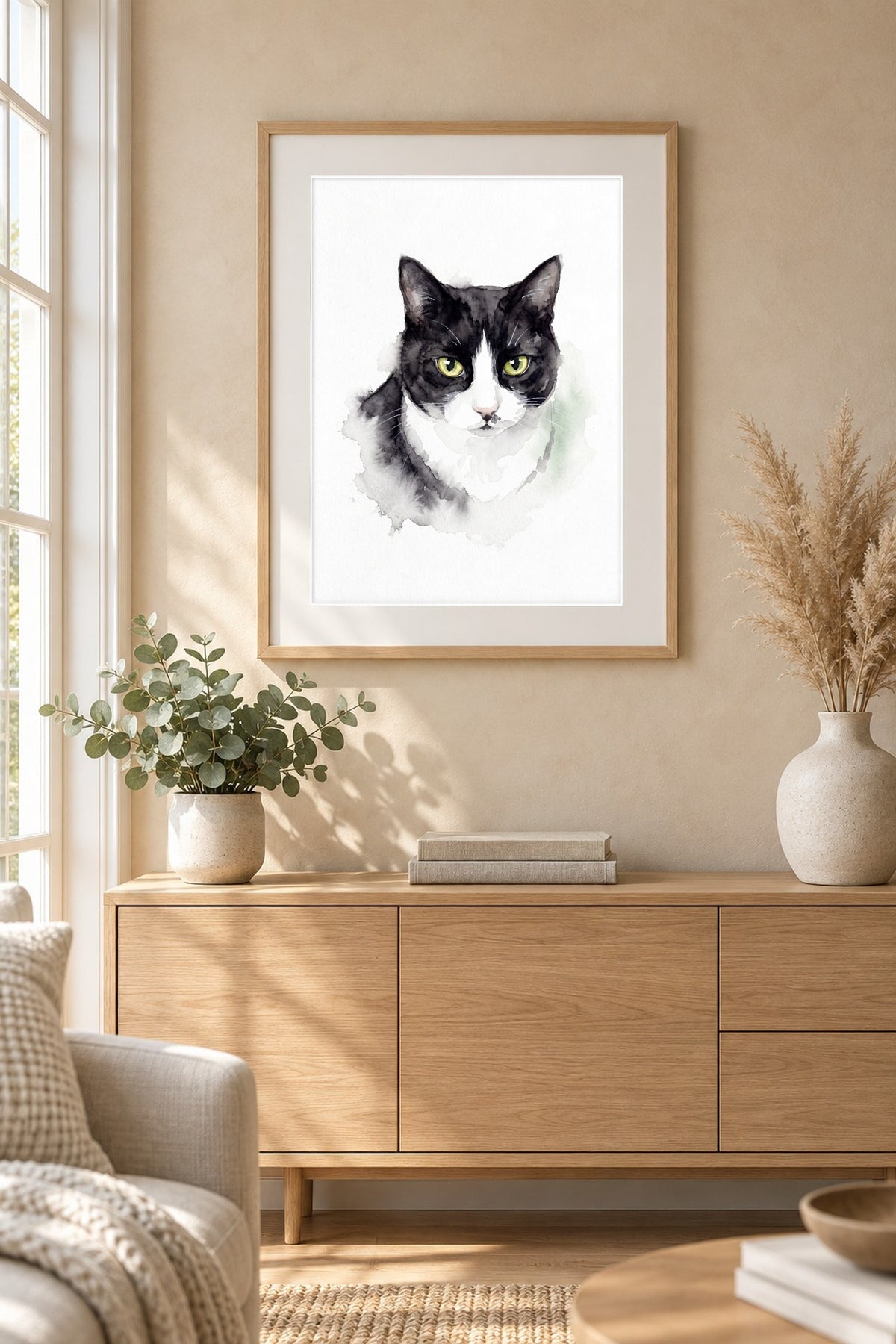 Poster im Wohnzimmer: Deine Katze als Aquarell-Portrait – personalisiertes Katzenportrait