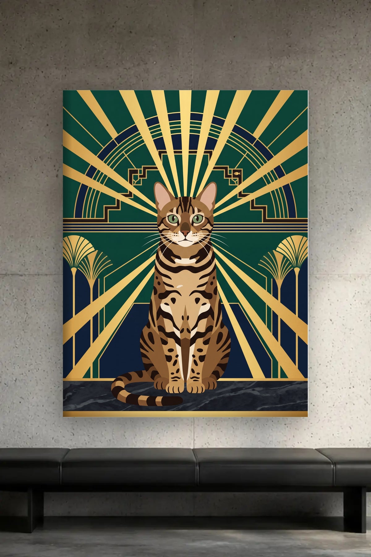 Leinwand im Wohnzimmer: Deine Katze als Art-Deco-Sunburst – personalisiertes Katzenportrait