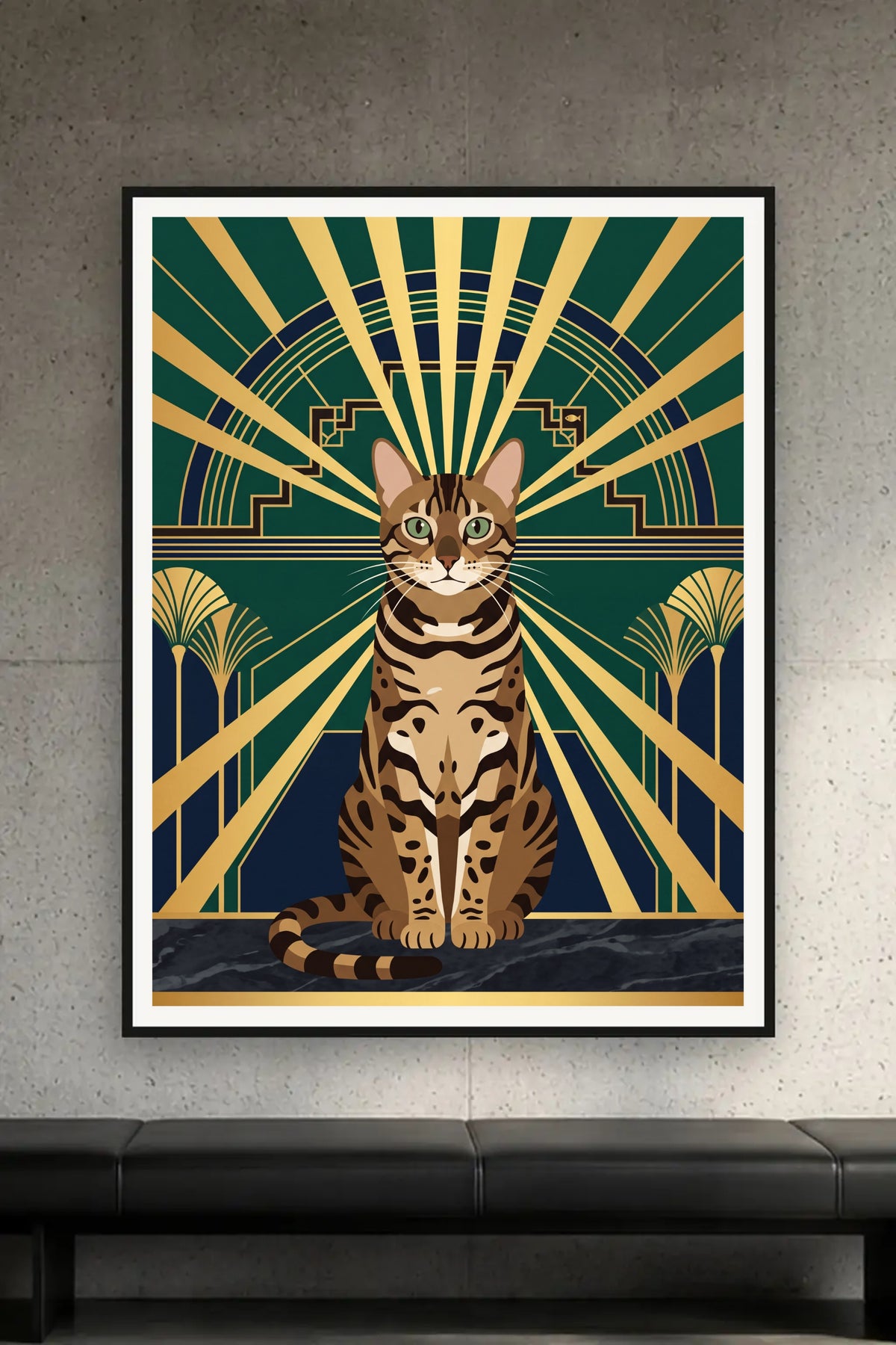 Poster im Wohnzimmer: Deine Katze als Art-Deco-Sunburst – personalisiertes Katzenportrait