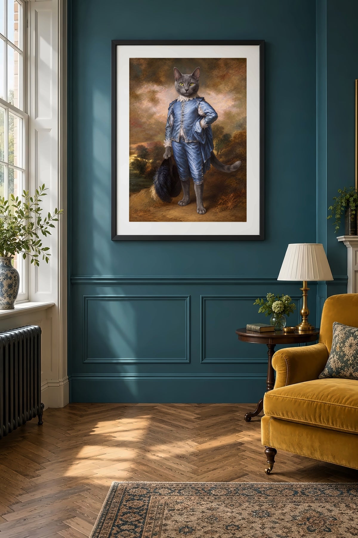 Poster im Salon: Deine Katze als The Blue Boy – personalisiertes Katzenportrait