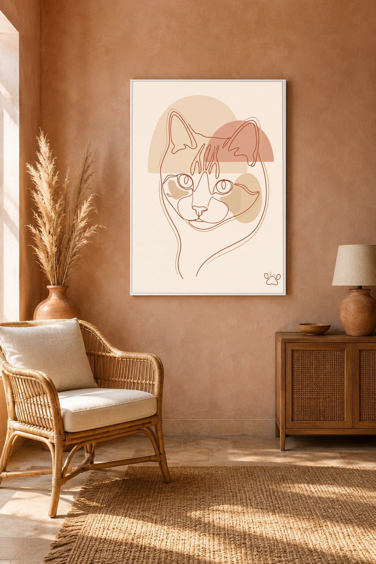 Leinwand im Wohnzimmer: Deine Katze als Boho-Lineart – personalisiertes Katzenportrait