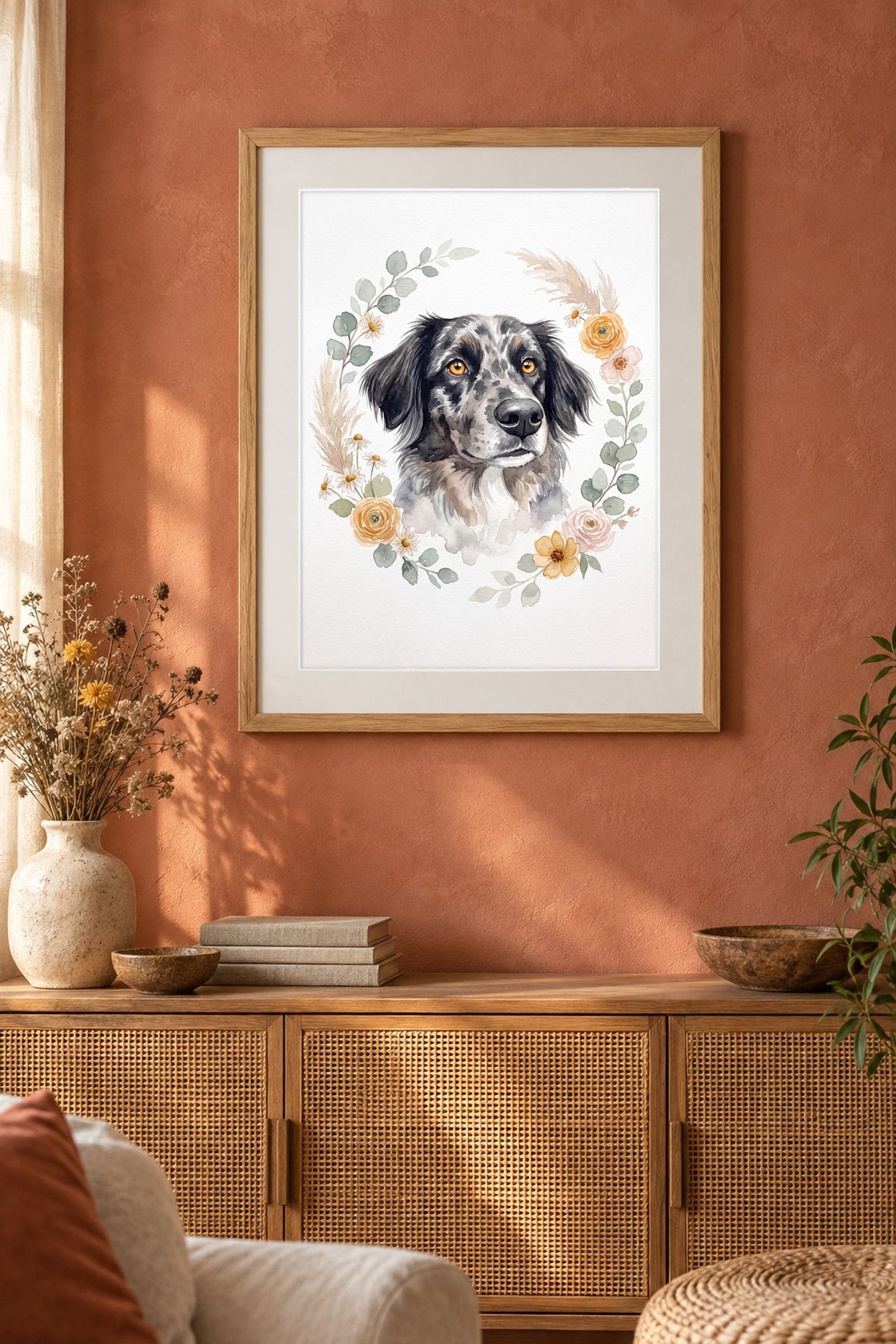 Poster im Cottage-Wohnzimmer: Dein Hund im Botanik-Kranz – personalisiertes Hundeportrait