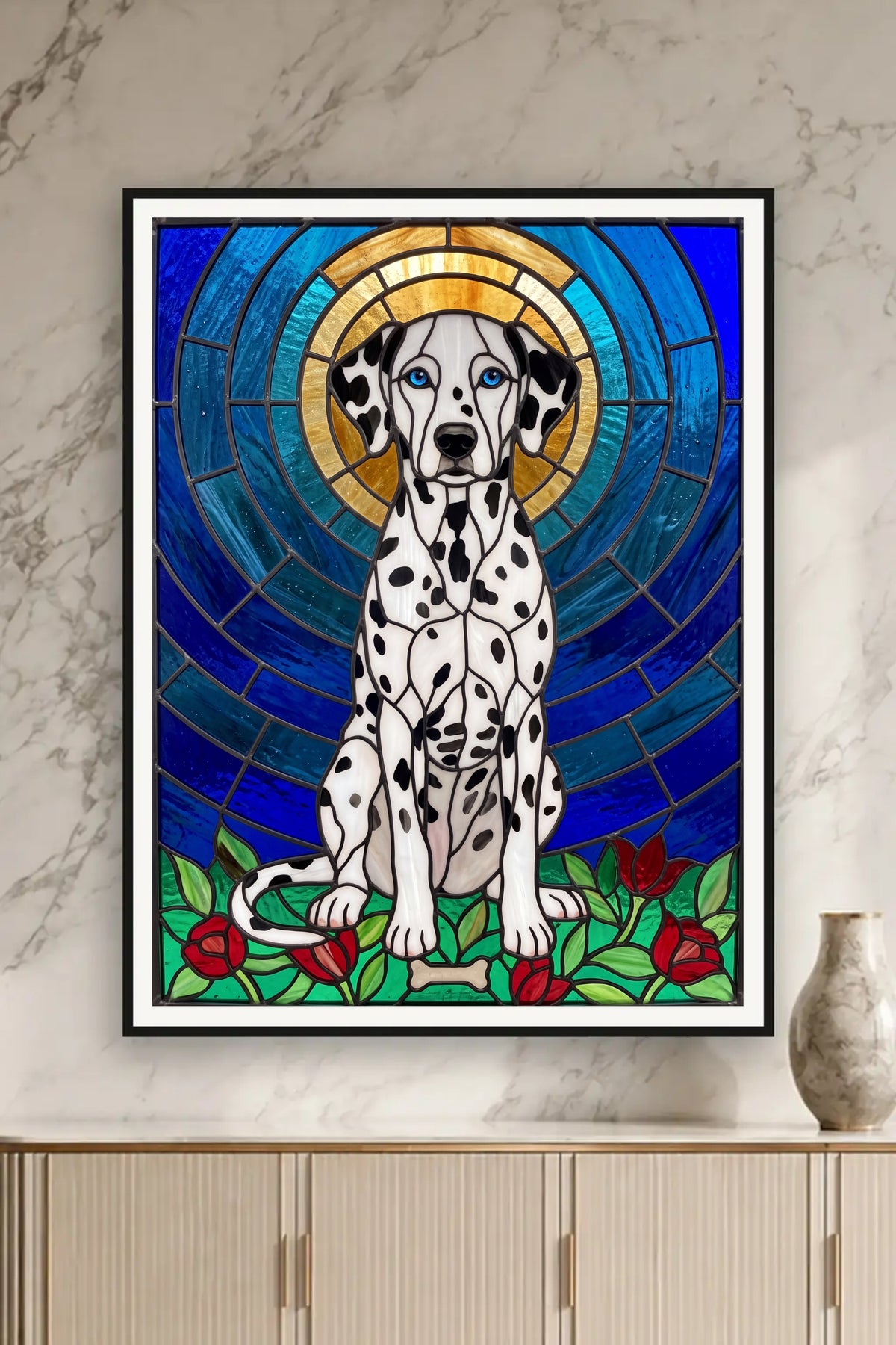 Poster im Wohnzimmer: Dein Hund als Buntglasfenster – personalisiertes Hundeportrait
