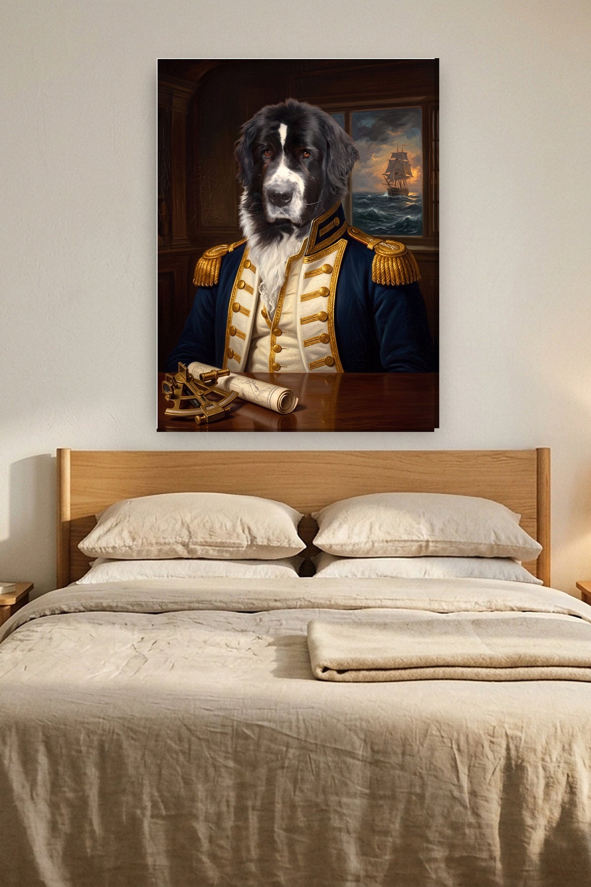 Leinwand im Schlafzimmer: Dein Hund als Marine-Captain – personalisiertes Hundeportrait