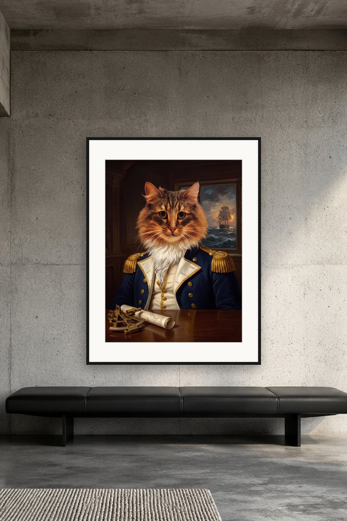 Poster im Loft: Deine Katze als Marine-Captain – personalisiertes Katzenportrait