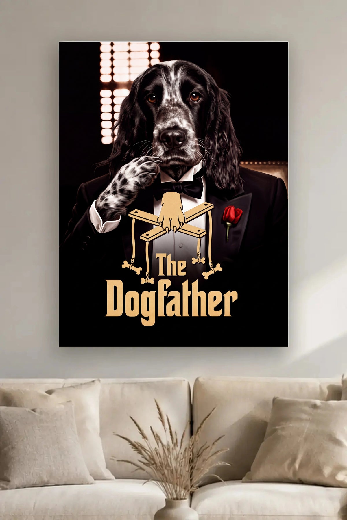The Dogfather Leinwand im Wohnzimmer - dein Hund als Mafia-Boss, personalisiertes Wandbild