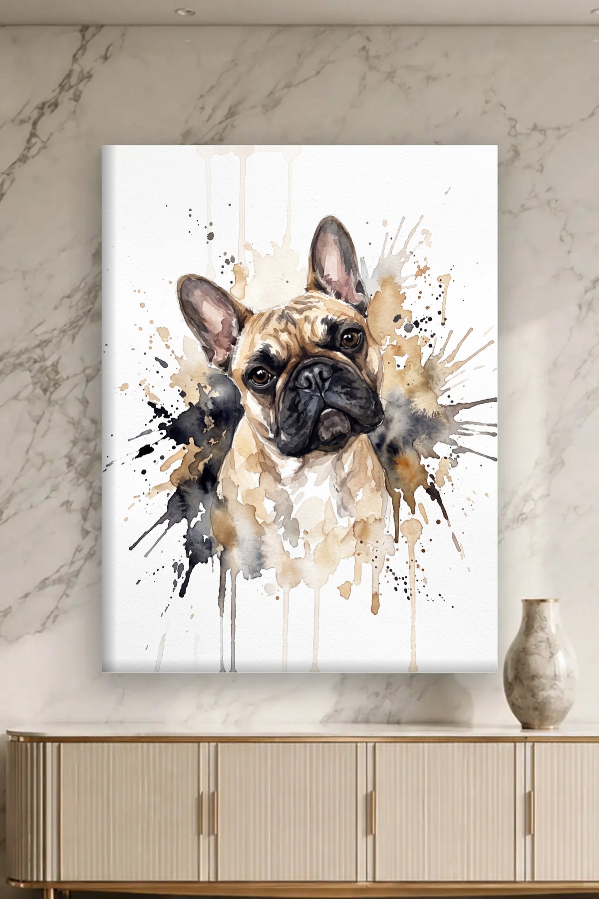 Leinwand im Wohnzimmer: Dein Hund als Aquarell-Farbspritzer – personalisiertes Hundeportrait