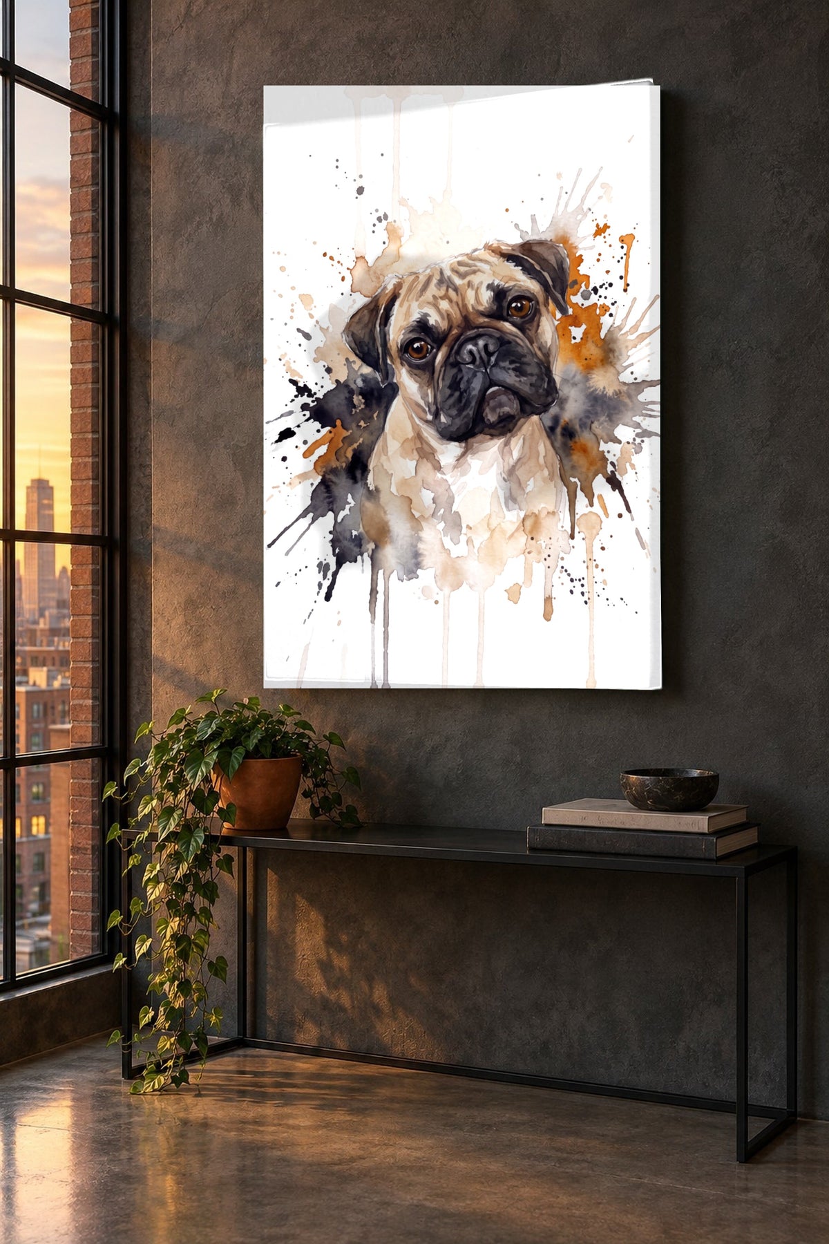 Aquarell-Farbspritzer Leinwand mit Mops