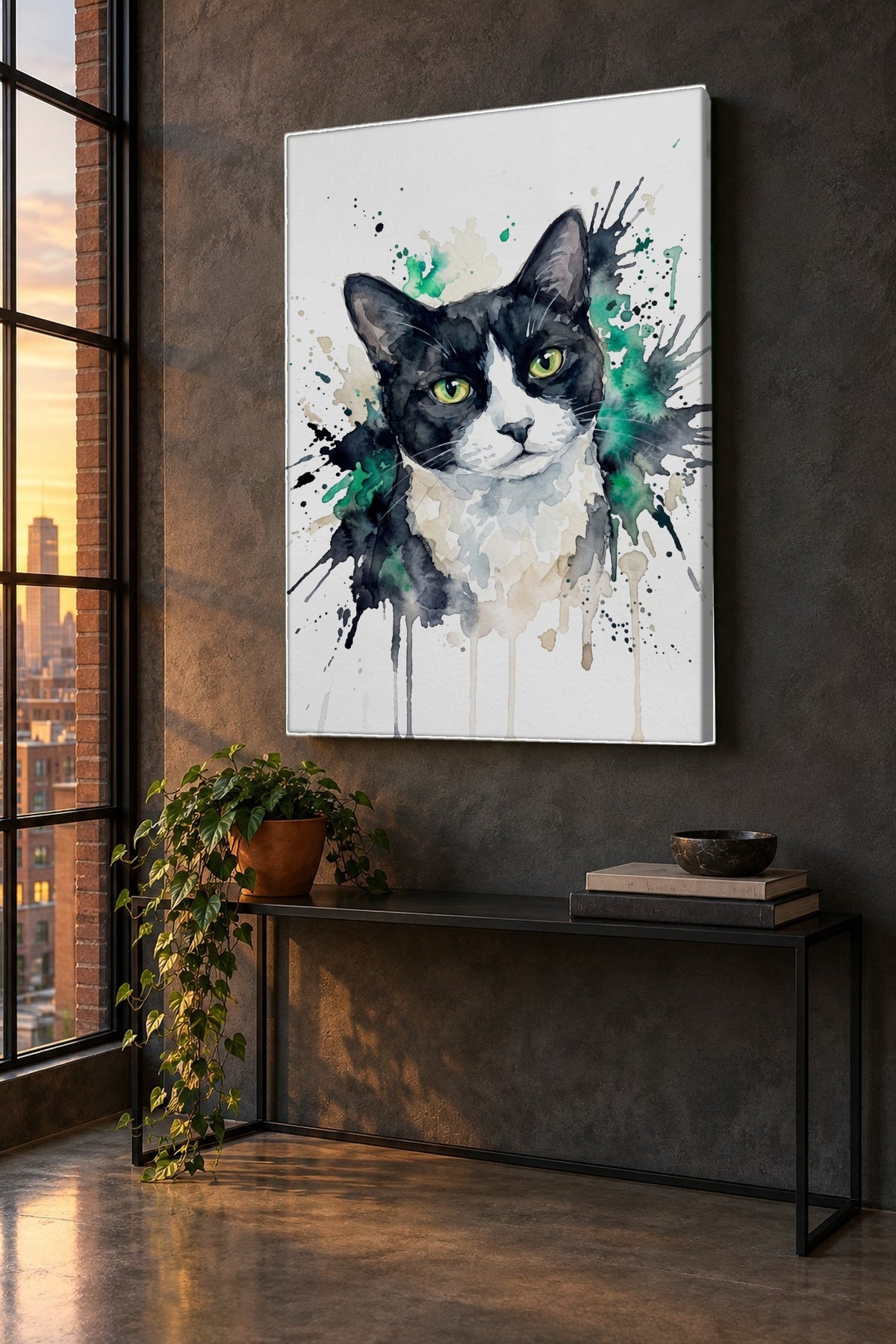 Leinwand im Loft: Deine Katze als Aquarell-Farbspritzer – personalisiertes Katzenportrait