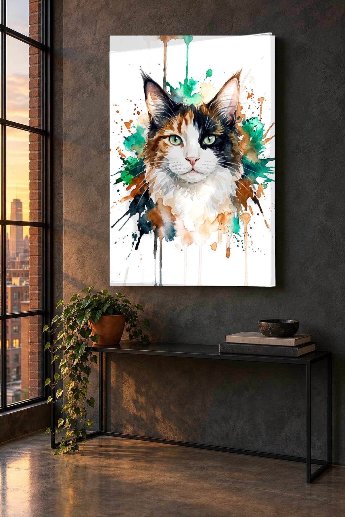 Aquarell-Farbspritzer Leinwand mit Maine-Coon-Katze