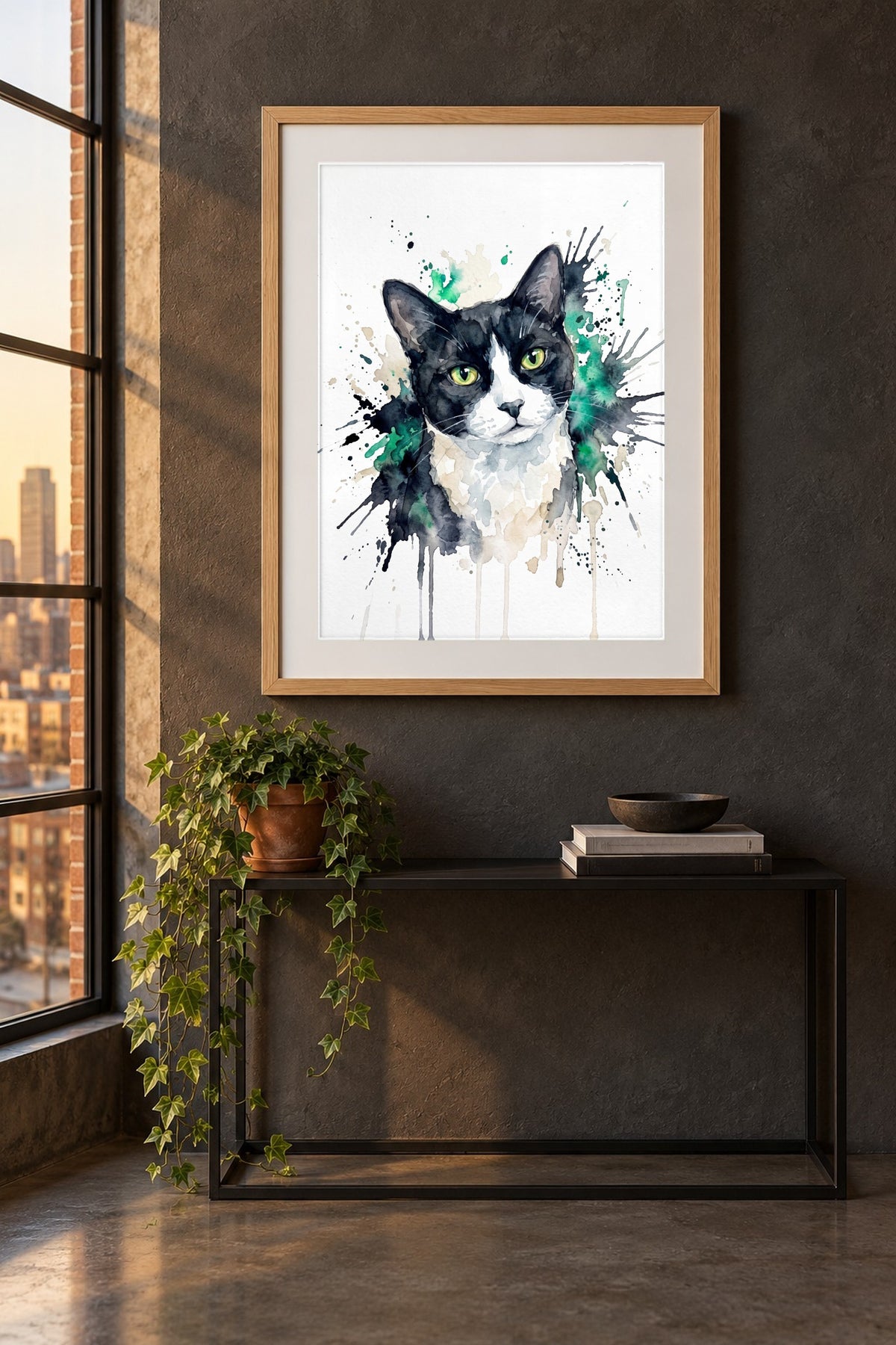 Poster im Loft: Deine Katze als Aquarell-Farbspritzer – personalisiertes Katzenportrait