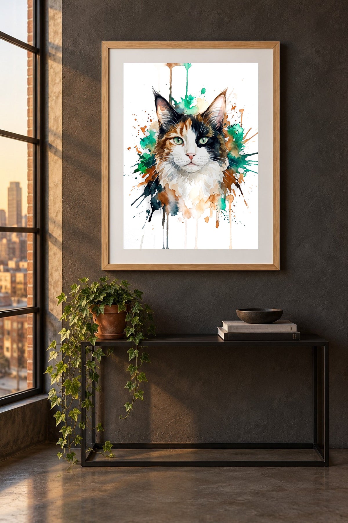Aquarell-Farbspritzer Poster mit Maine-Coon-Katze