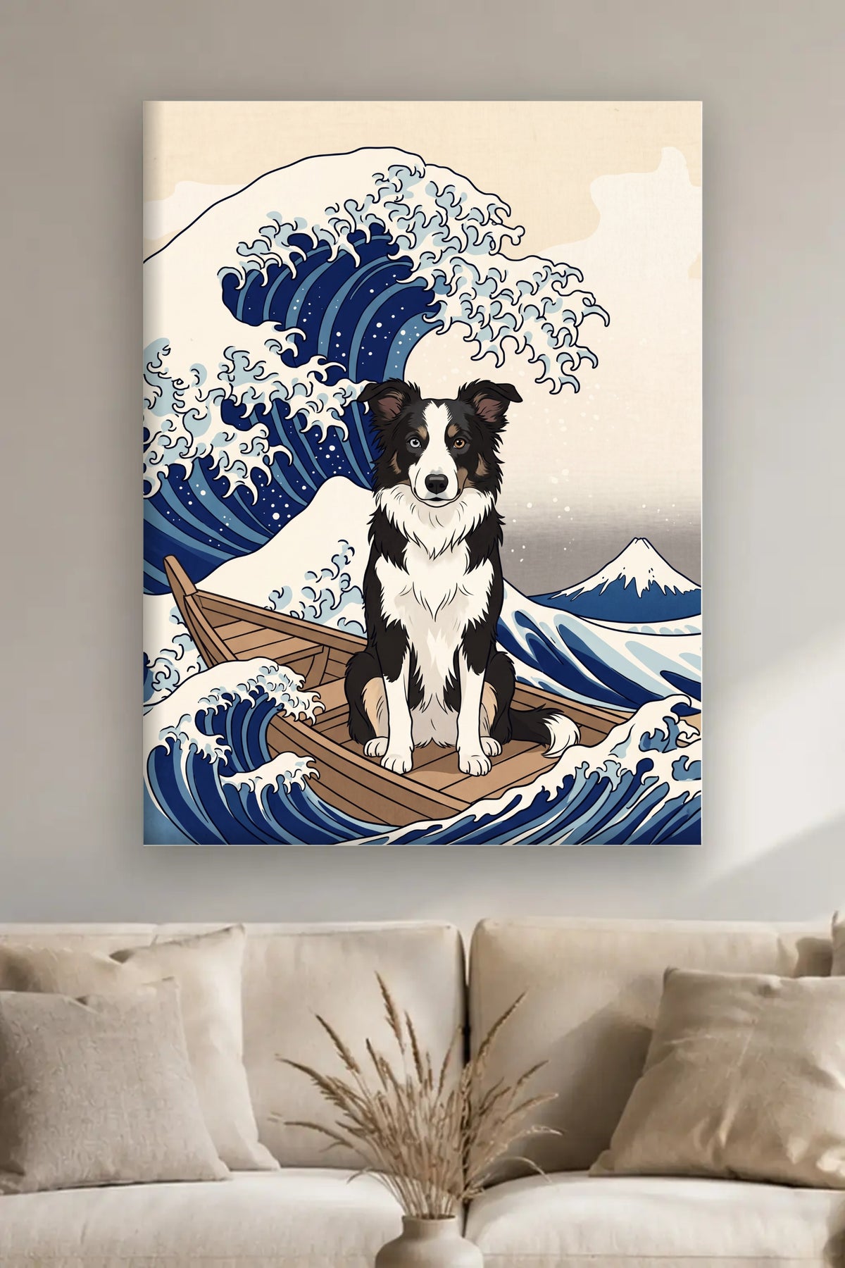 Leinwand im Wohnzimmer: Dein Hund in der Grossen Welle – personalisiertes Hundeportrait
