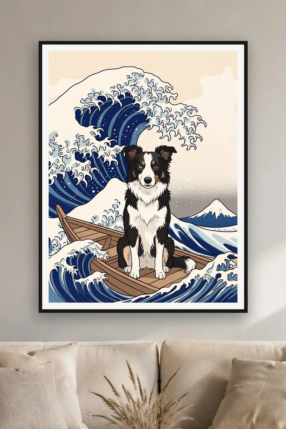 Poster im Wohnzimmer: Dein Hund in der Grossen Welle – personalisiertes Hundeportrait
