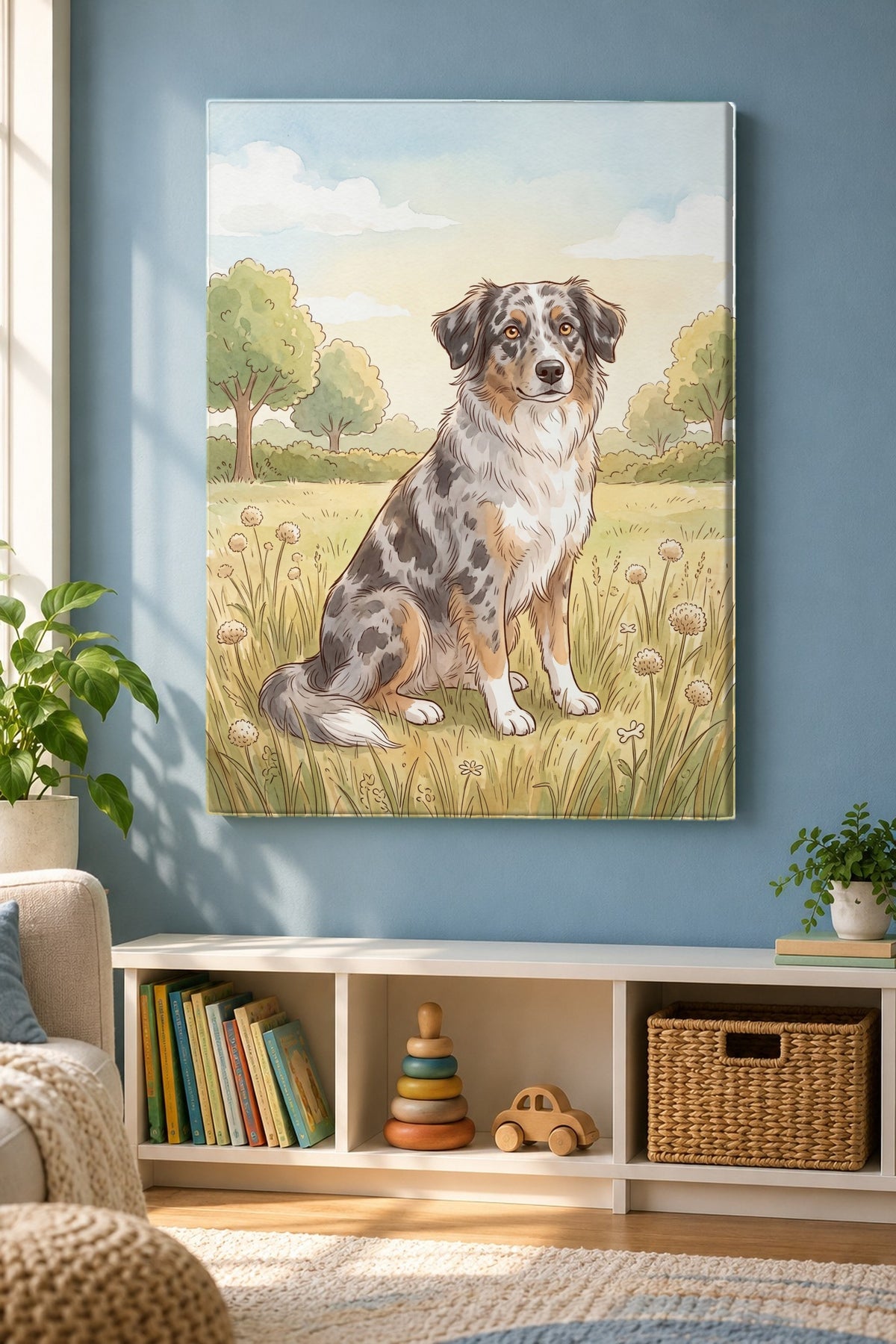 Leinwand im Kinderzimmer: Dein Hund als Kinderbuch-Illustration – personalisiertes Hundeportrait