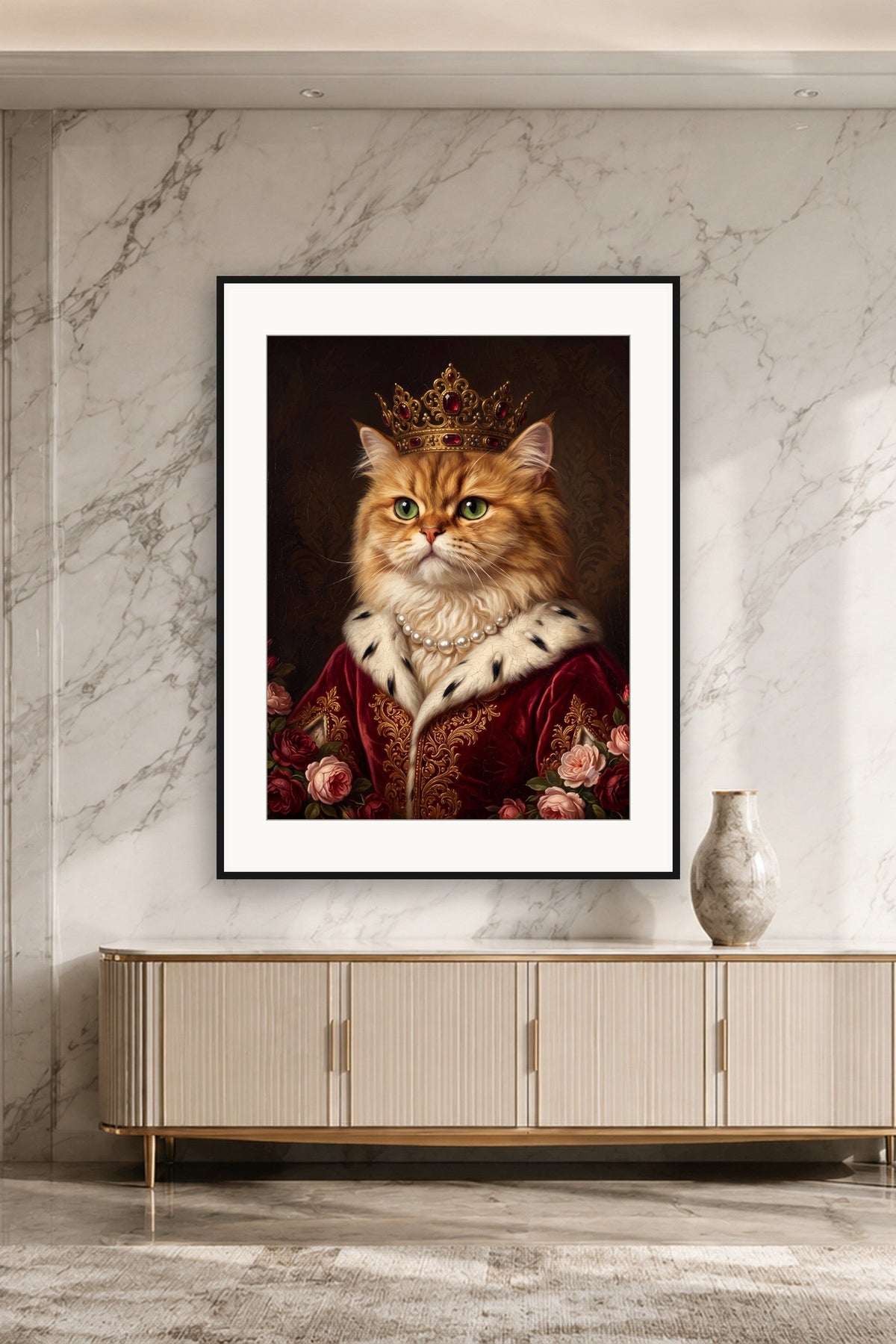 Poster im Marmorzimmer: Deine Katze als Renaissance-Königin – personalisiertes Katzenportrait