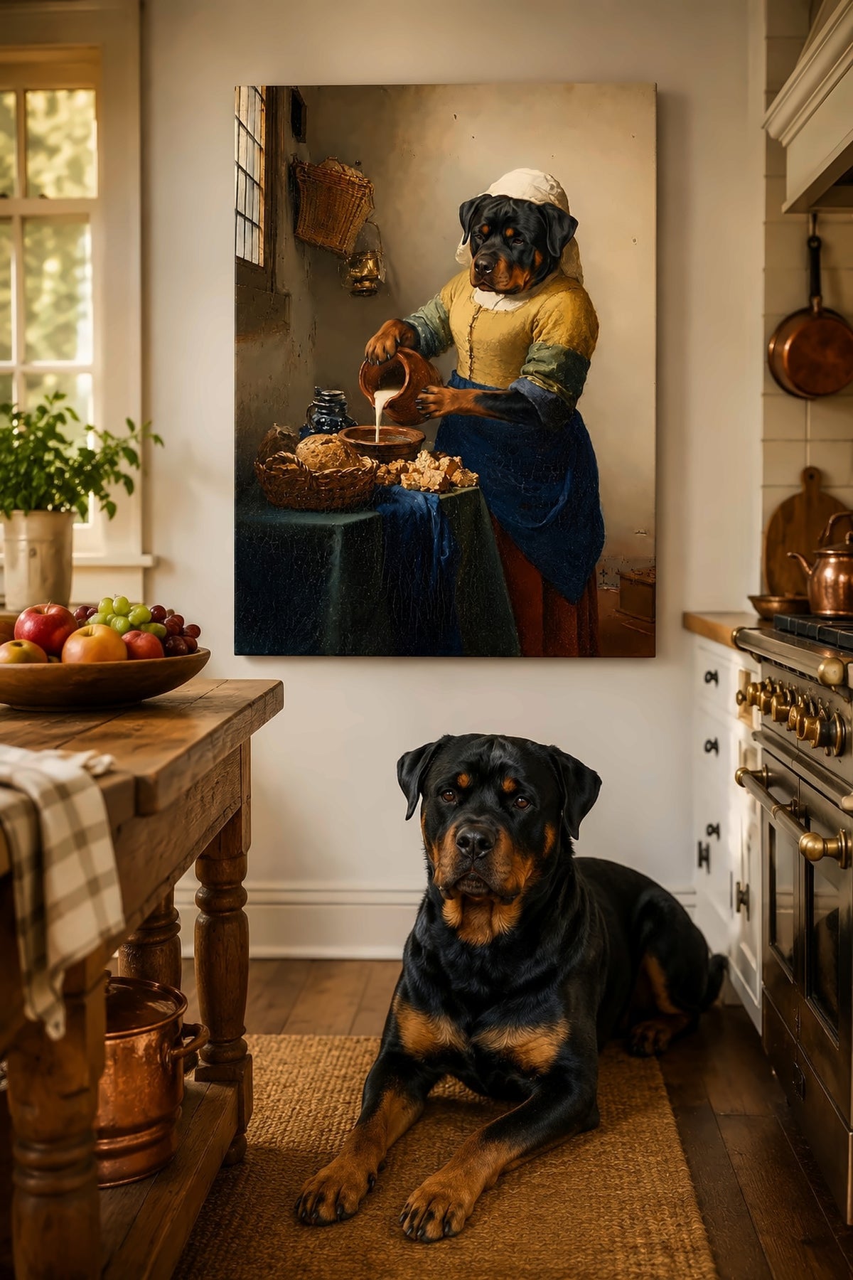Leinwand im Esszimmer: Dein Hund als Milchmädchen nach Vermeer – personalisierte Leinwand von Lil Snouts
