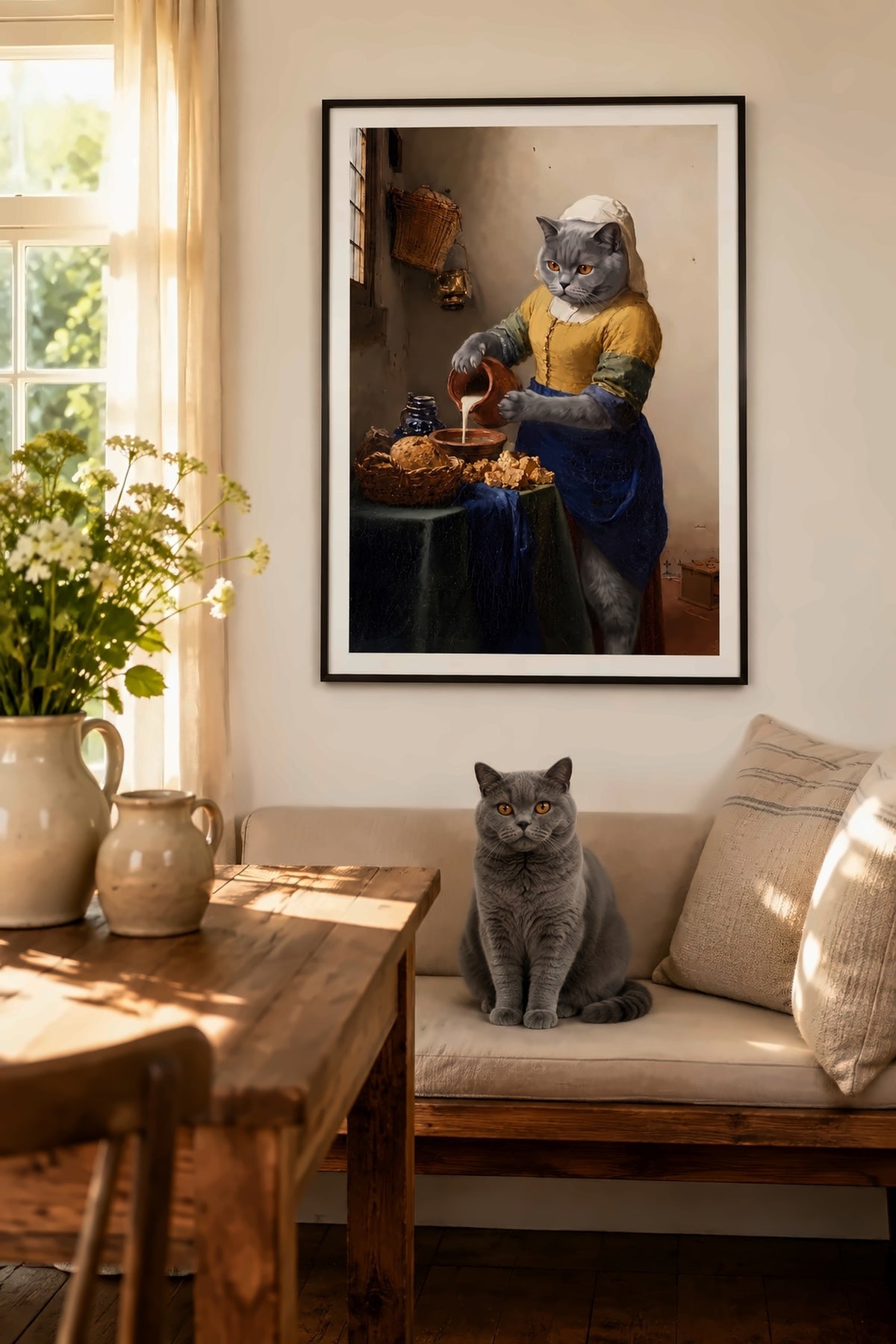 Poster in der Küche: Deine Katze als Milchmädchen nach Vermeer – personalisiertes Katzenportrait von Lil Snouts