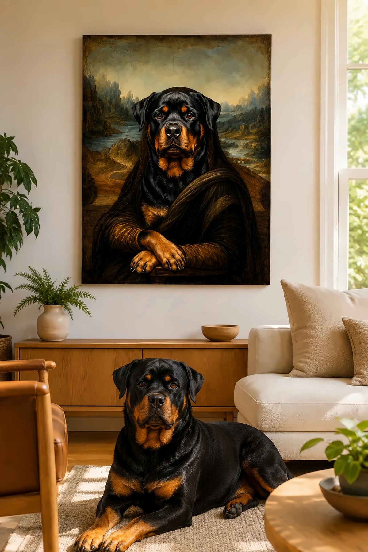 Leinwand im Wohnzimmer: Dein Hund als Mona Lisa – personalisiertes Hundeportrait