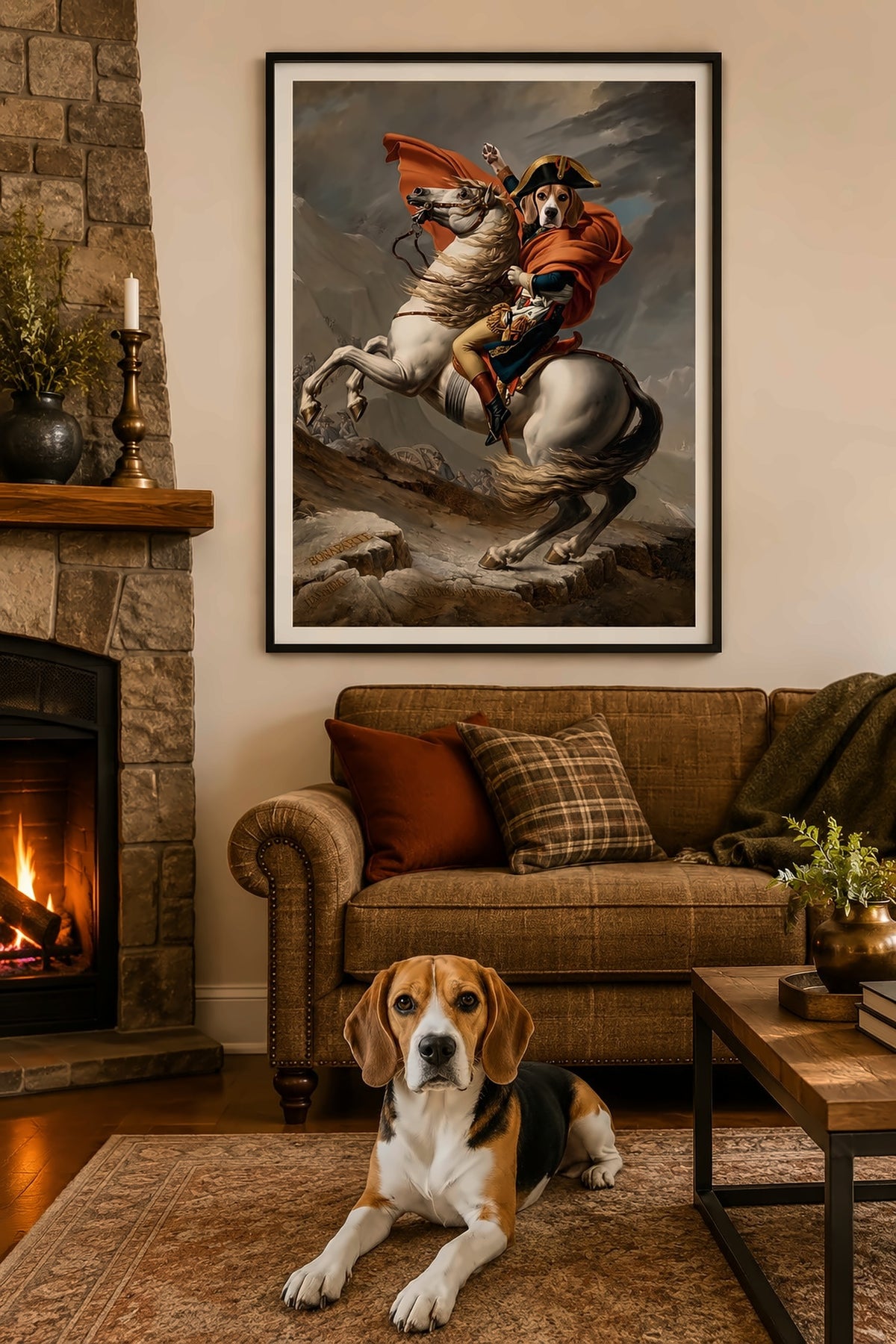 Poster im Wohnzimmer: Dein Hund als Napoleon – personalisiertes Hundeportrait