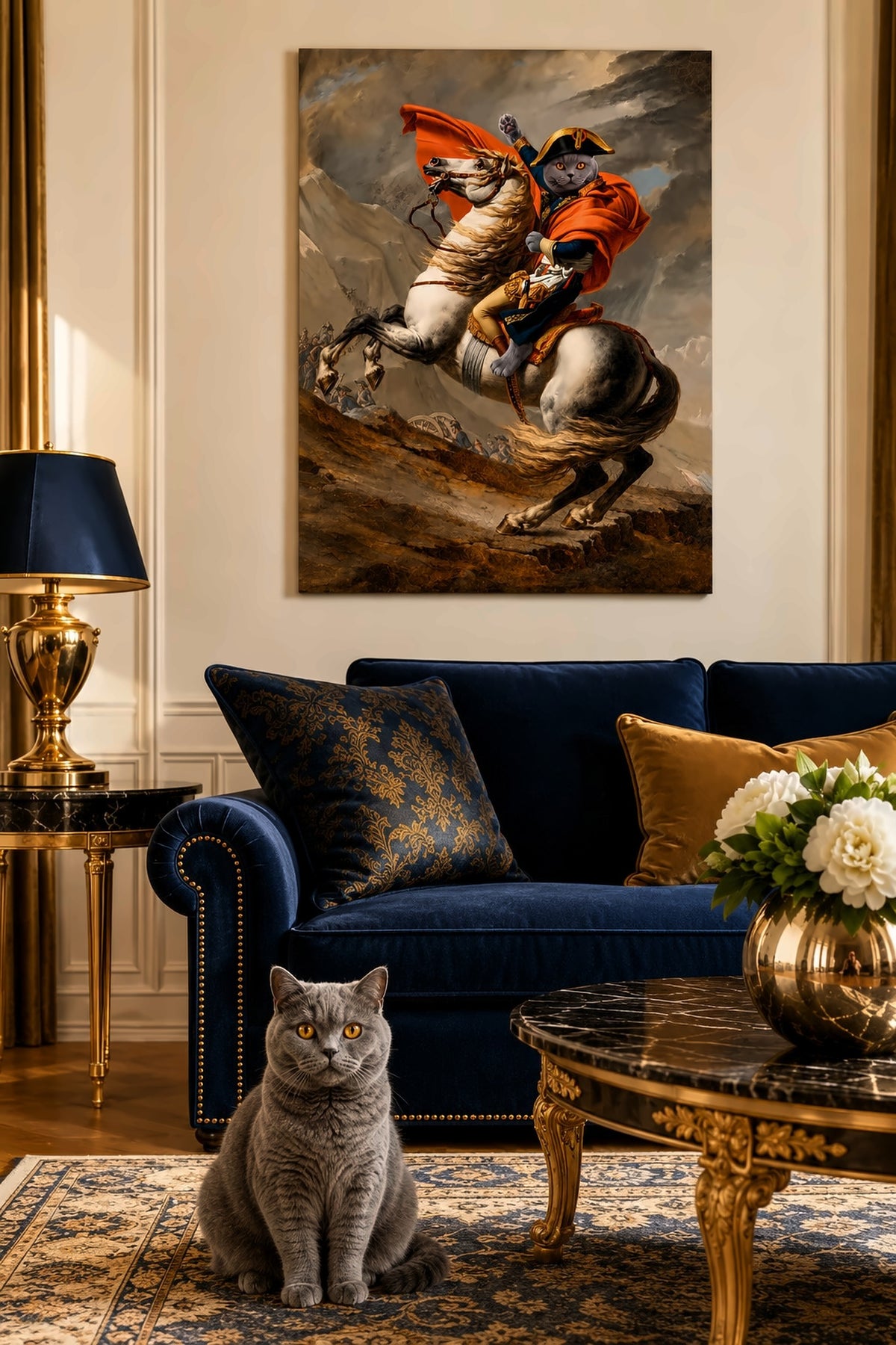 Leinwand im Wohnzimmer: Deine Katze als Napoleon – personalisiertes Katzenportrait