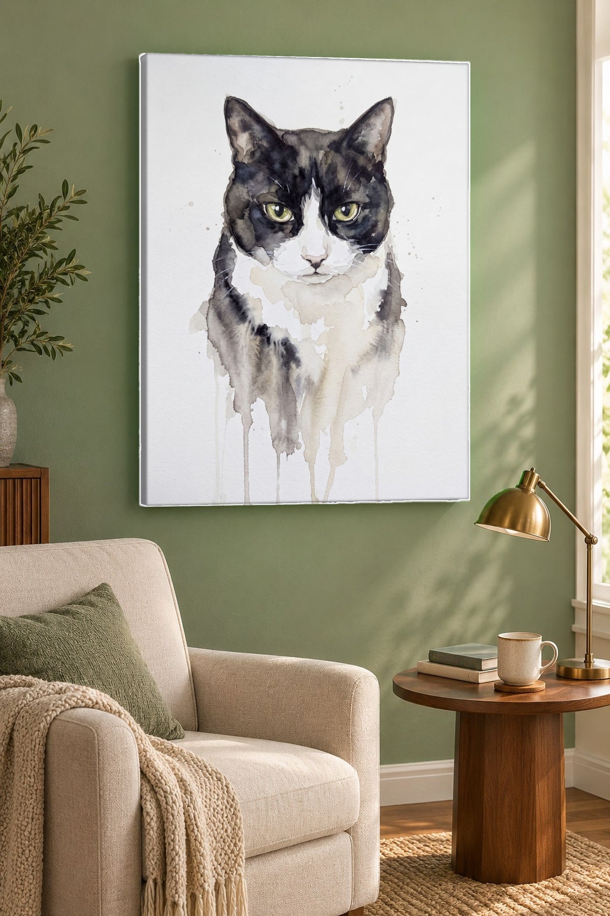 Leinwand im Lesezimmer: Deine Katze als Aquarell Nass-in-Nass – personalisiertes Katzenportrait