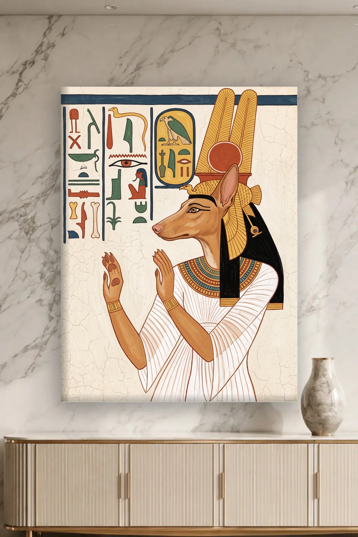 Leinwand im Wohnzimmer: Dein Hund als Nefertari-Wandmalerei – personalisiertes Hundeportrait