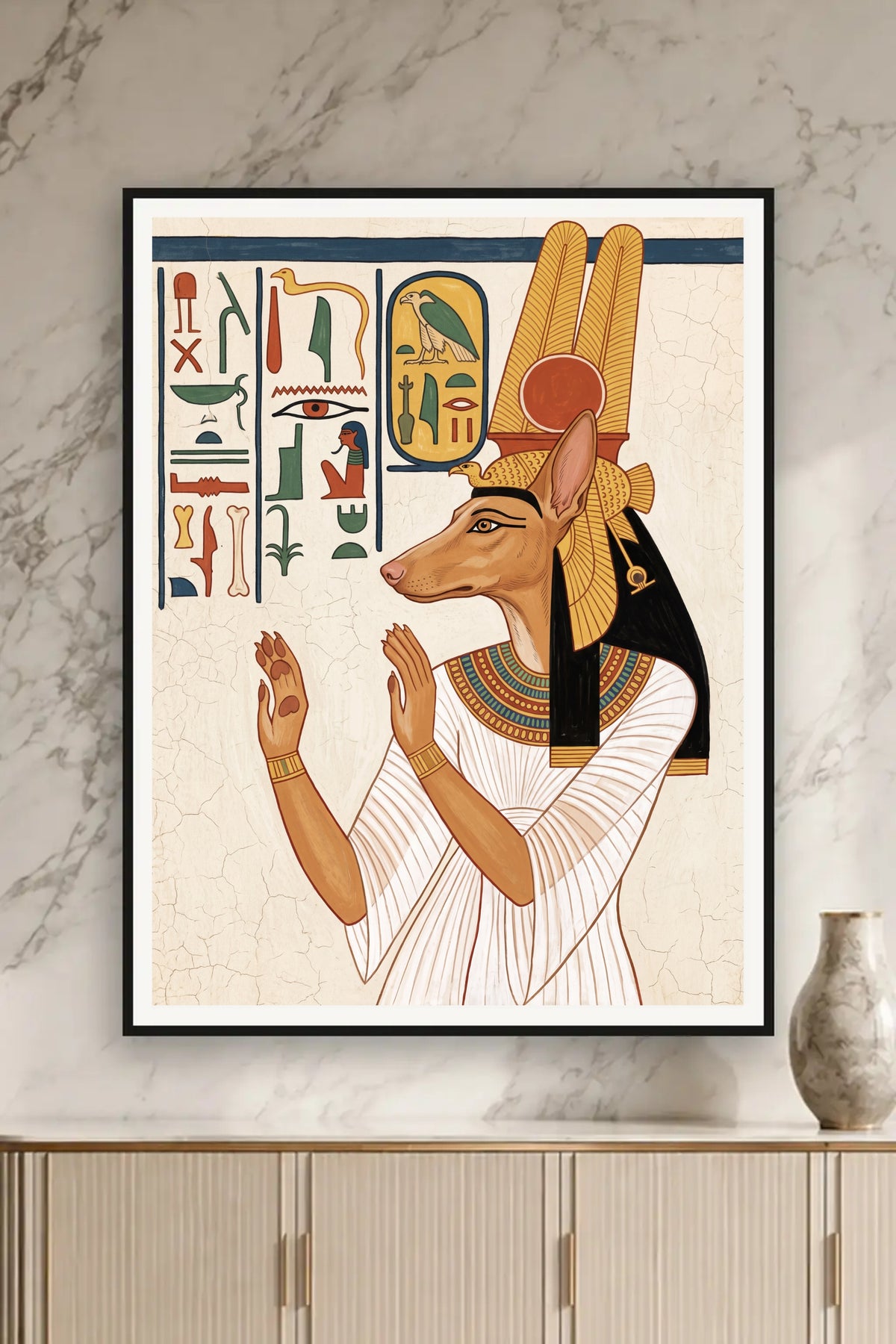 Poster im Wohnzimmer: Dein Hund als Nefertari-Wandmalerei – personalisiertes Hundeportrait
