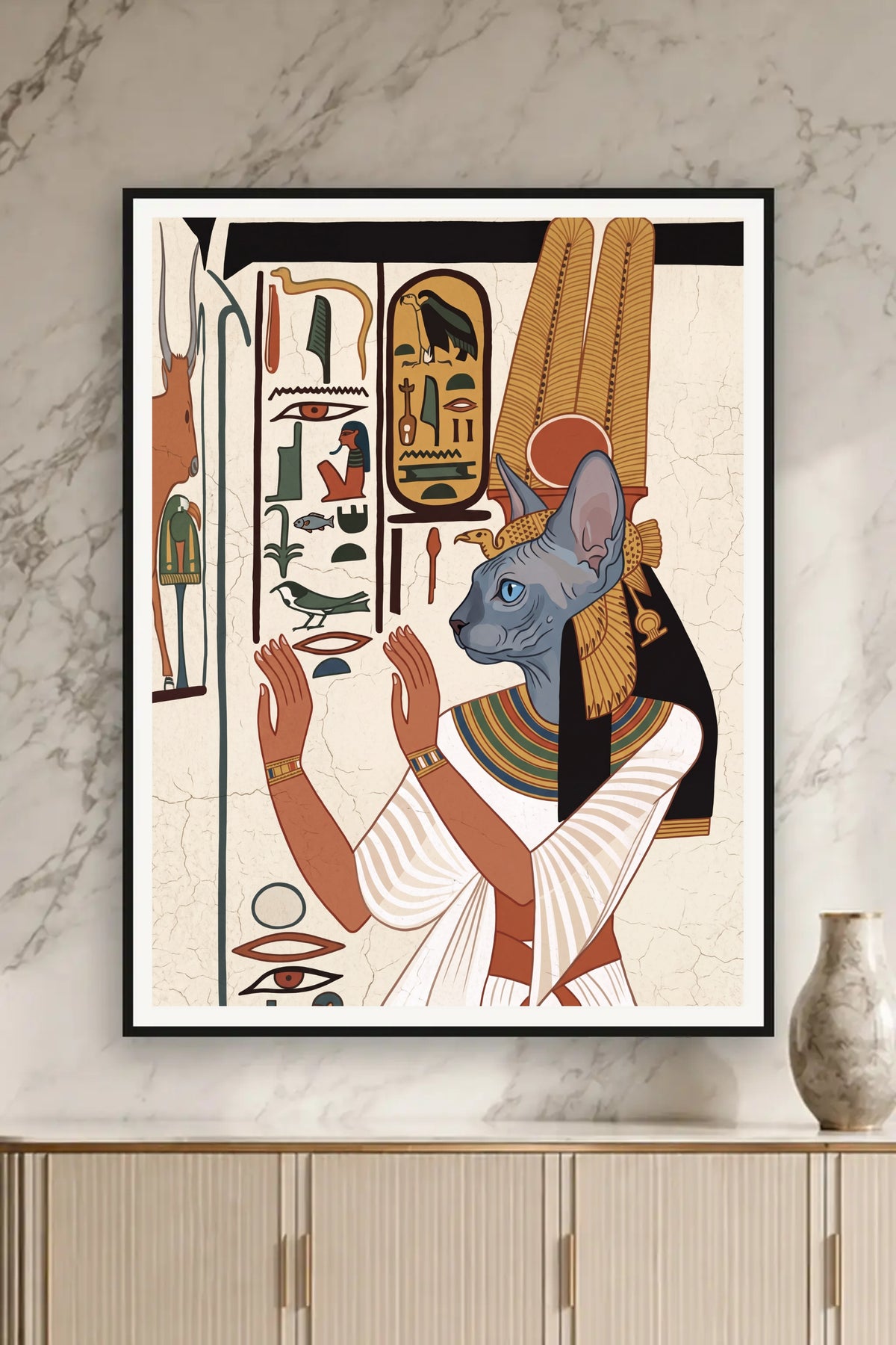 Poster im Wohnzimmer: Deine Katze als Nefertari-Wandmalerei – personalisiertes Katzenportrait