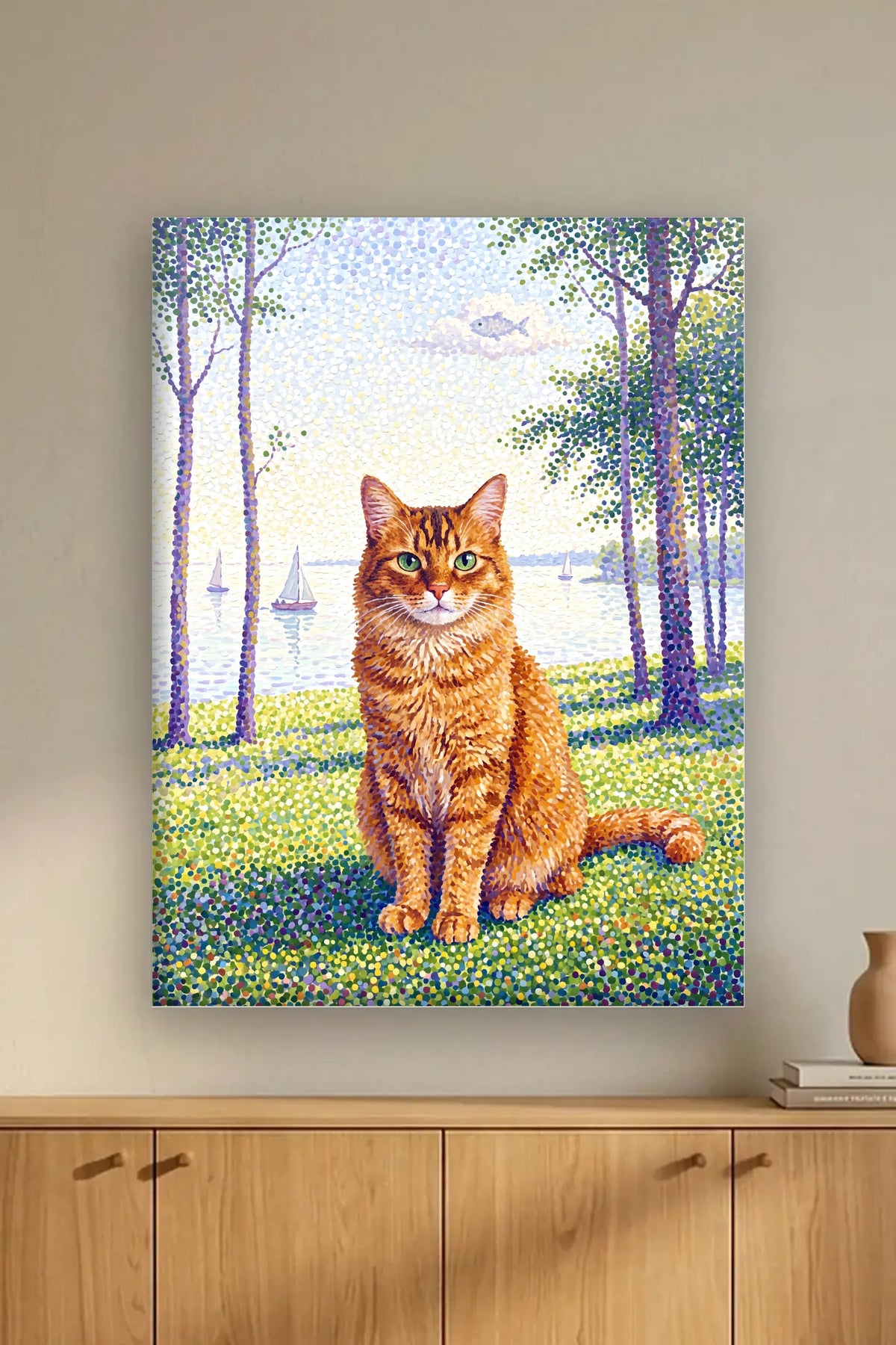 Leinwand im Wohnzimmer: Deine Katze im Pointillismus – personalisiertes Katzenportrait