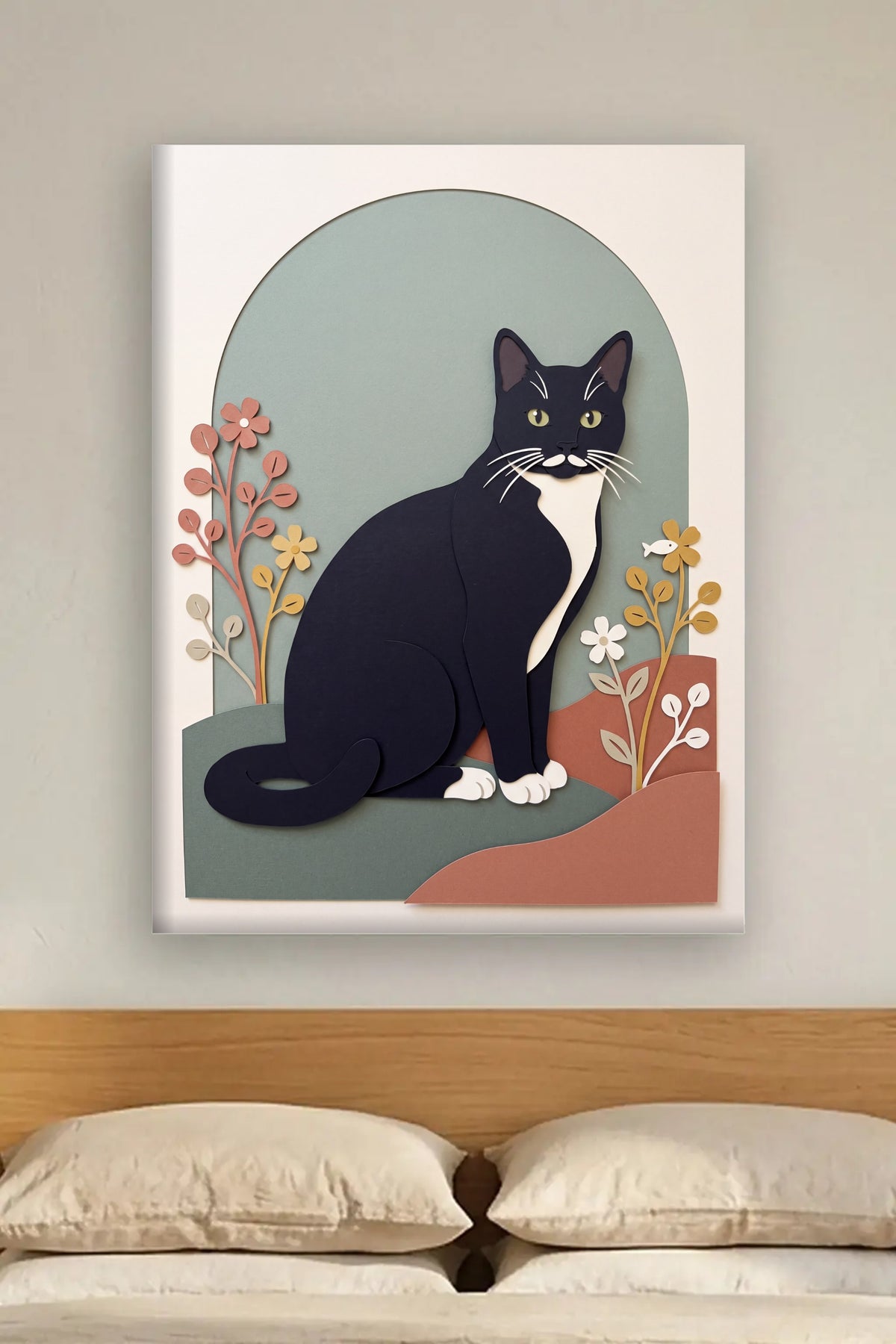 Leinwand im Wohnzimmer: Deine Katze als Scherenschnitt – personalisiertes Katzenportrait