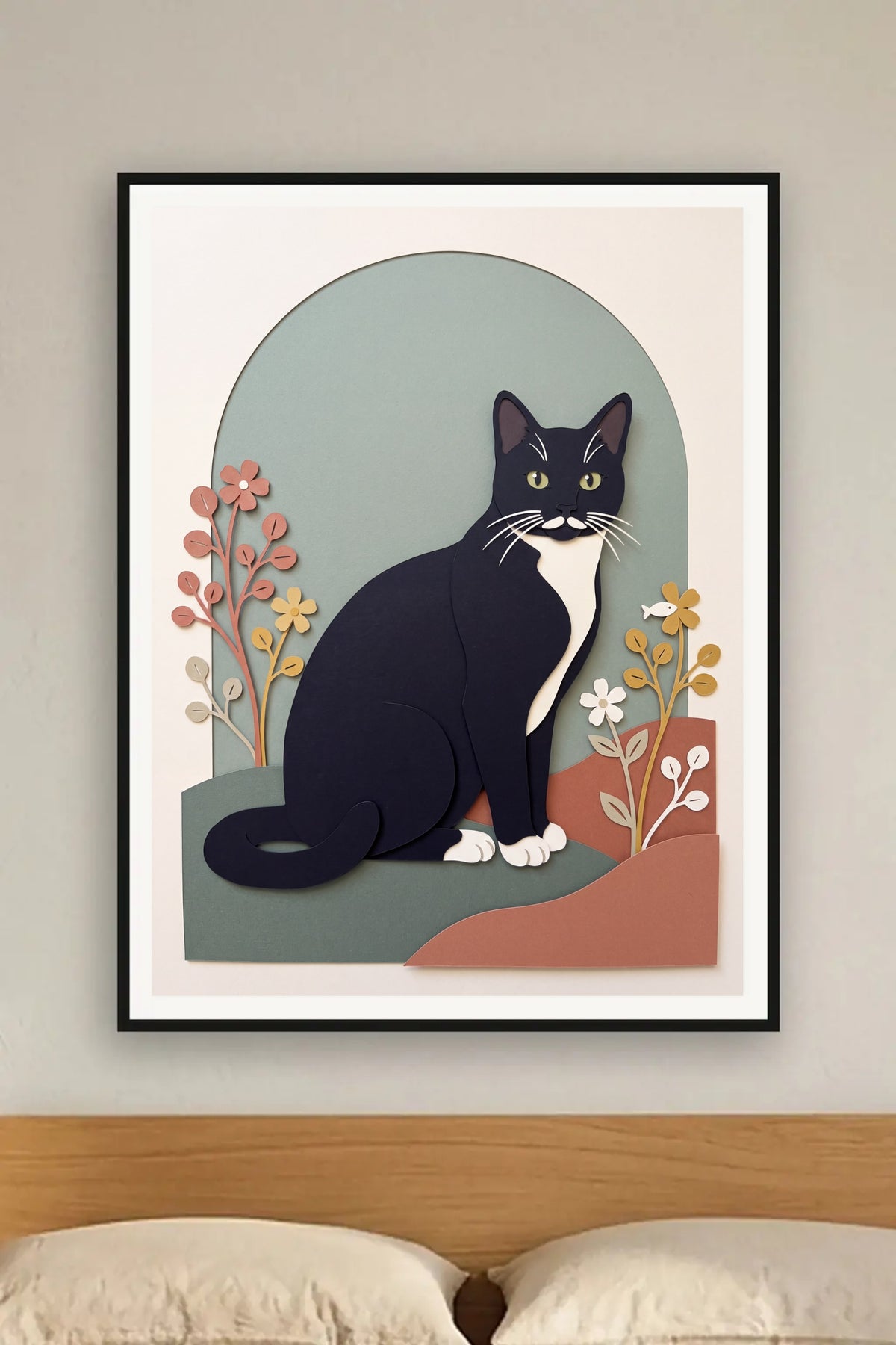 Poster im Wohnzimmer: Deine Katze als Scherenschnitt – personalisiertes Katzenportrait