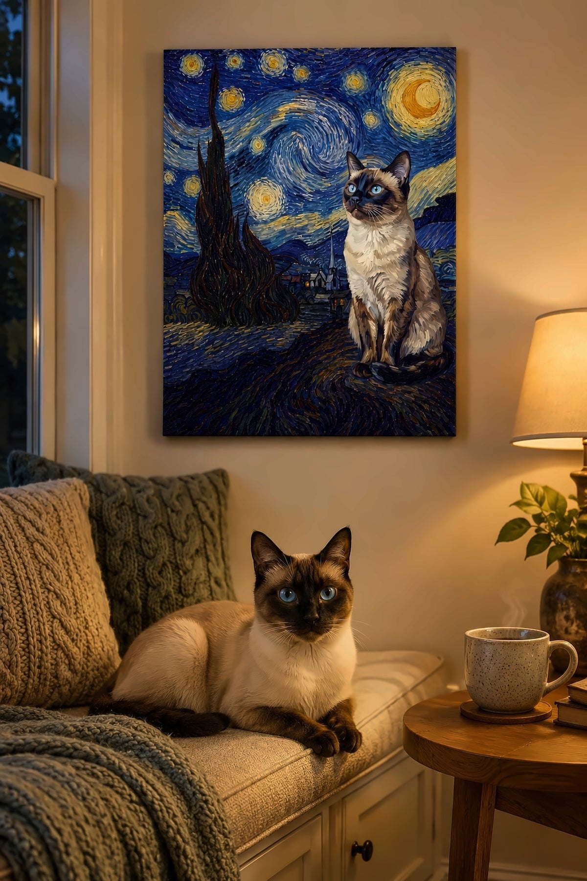 Leinwand in der Lesenische: Deine Katze in der Sternennacht – personalisiertes Katzenportrait