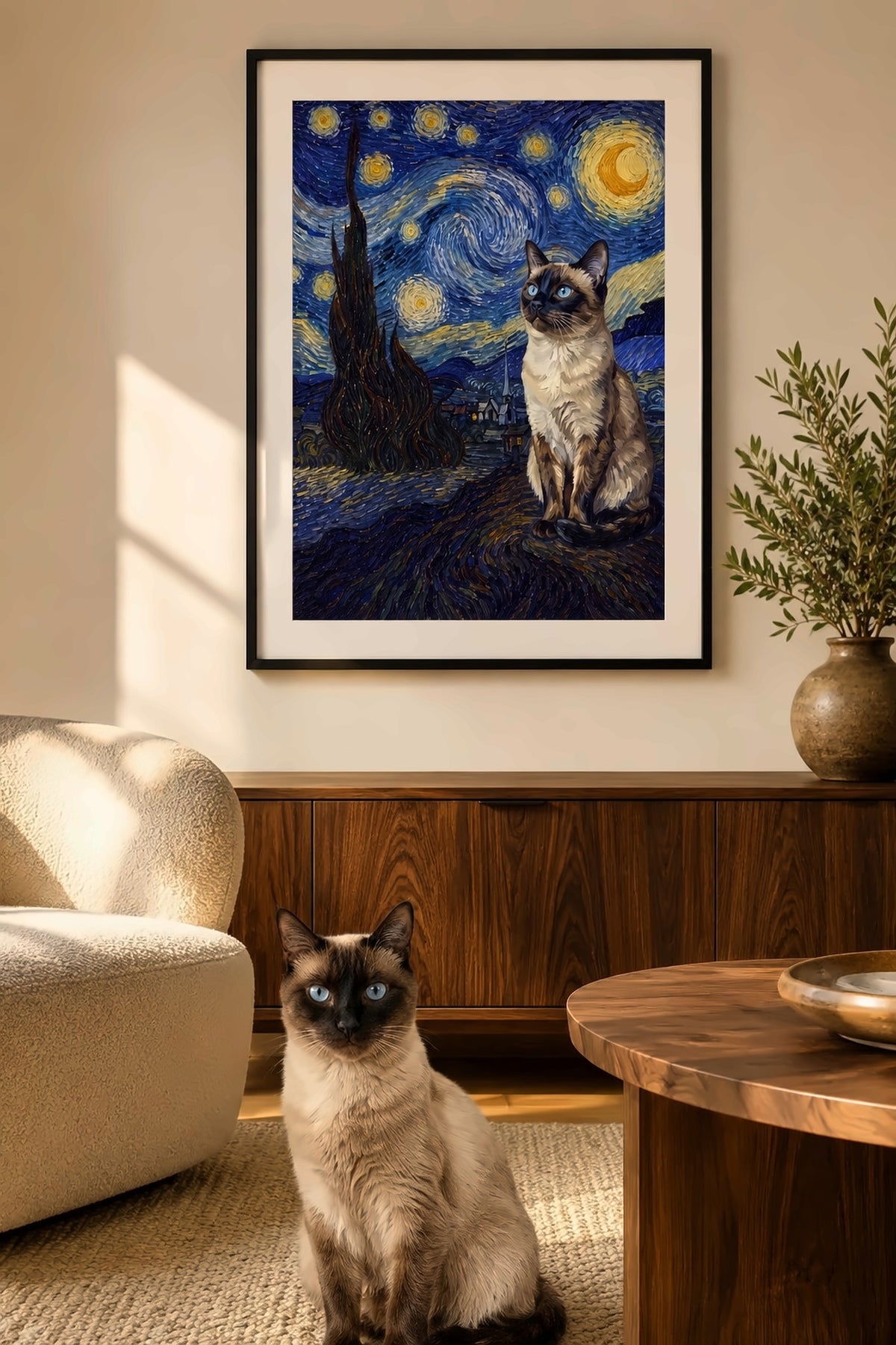 Poster im Wohnzimmer: Deine Katze in der Sternennacht – personalisiertes Katzenportrait