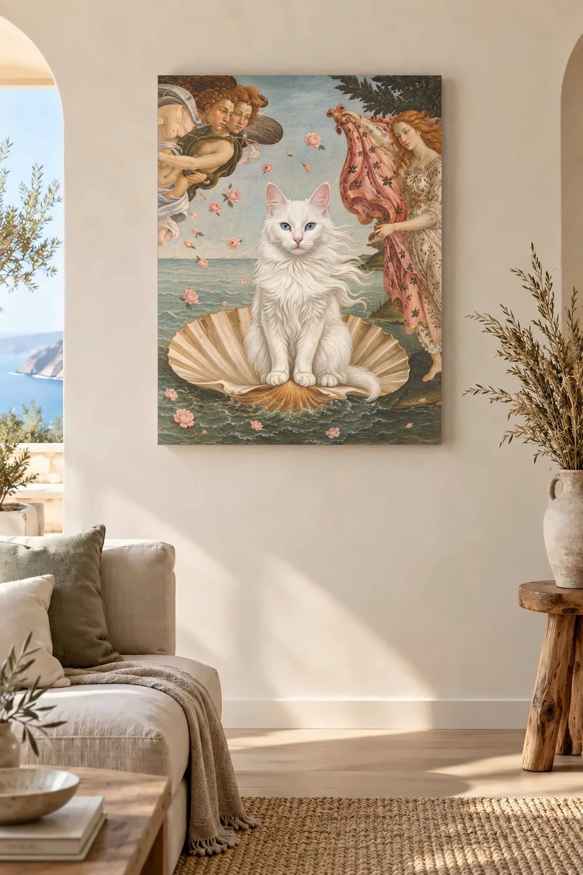 Leinwand im Wohnzimmer: Deine Katze als Geburt der Venus – personalisiertes Katzenportrait