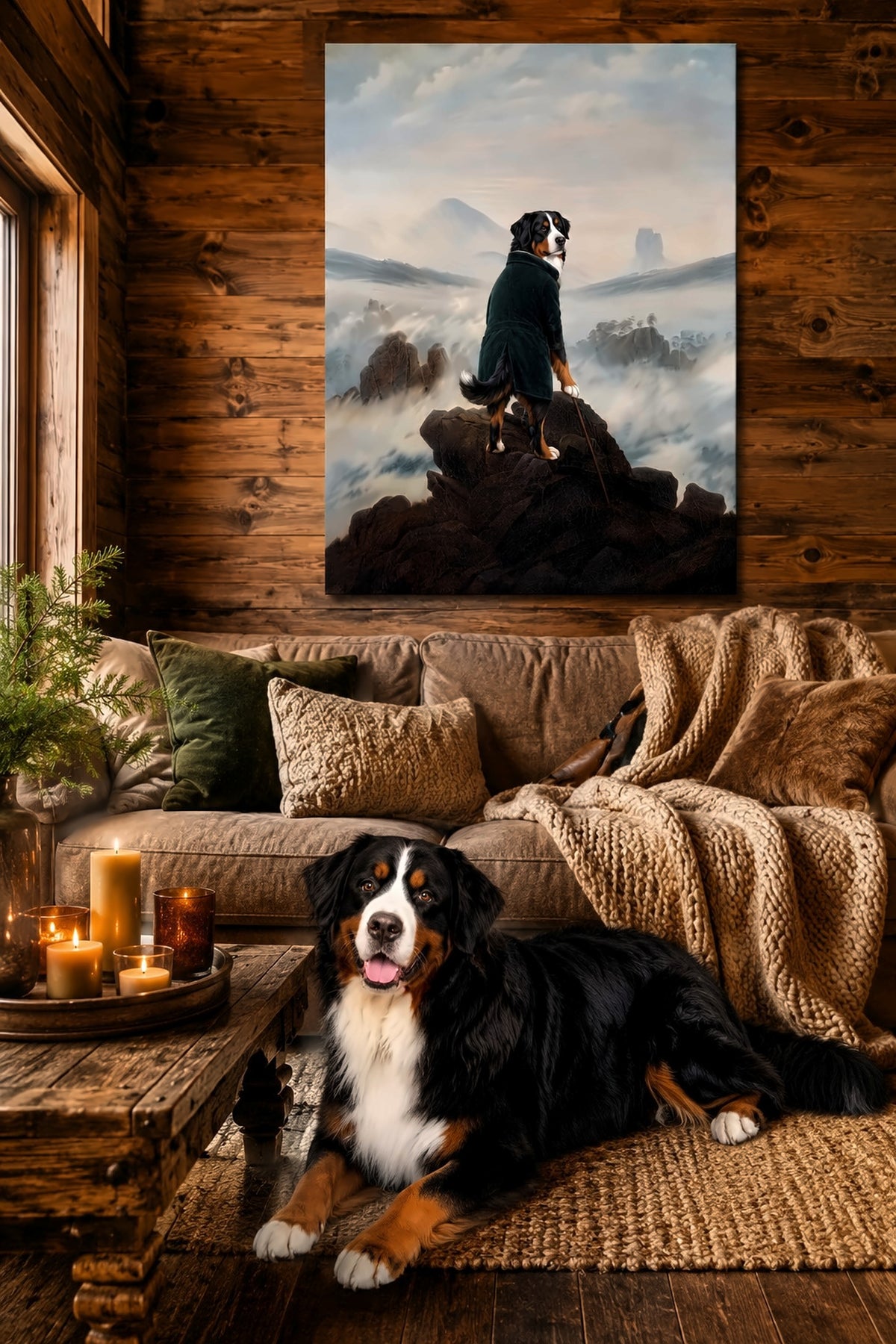 Leinwand im Wohnzimmer: Dein Hund als Wanderer über dem Nebelmeer – personalisiertes Hundeportrait