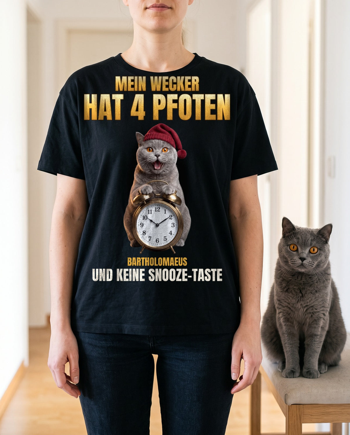Mein Wecker hat 4 Pfoten T-Shirt – Katzen-Version mit Foto und Name | Lil Snouts