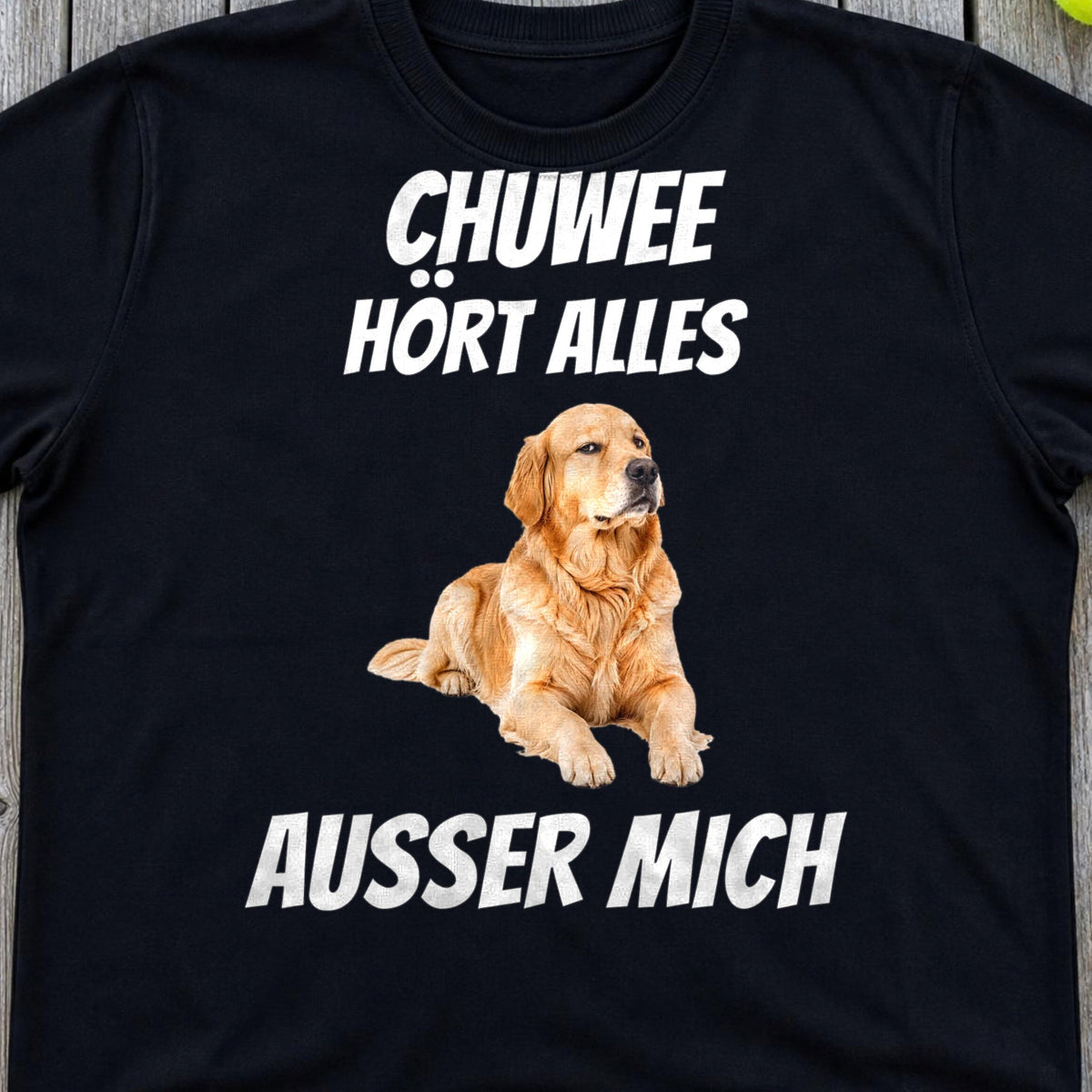 Schwarzes T-Shirt Hoert alles ausser mich Golden Retriever Nahaufnahme Flatlay