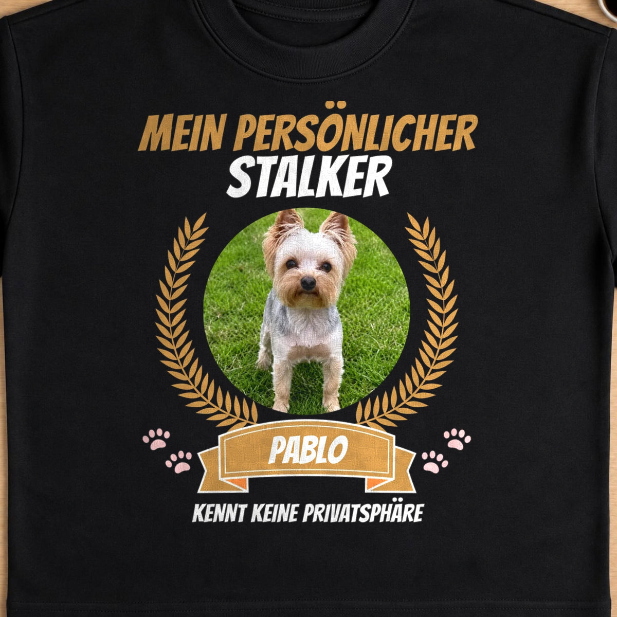 Schwarzes T-Shirt Mein persoenlicher Stalker Yorkshire Terrier Pablo Nahaufnahme
