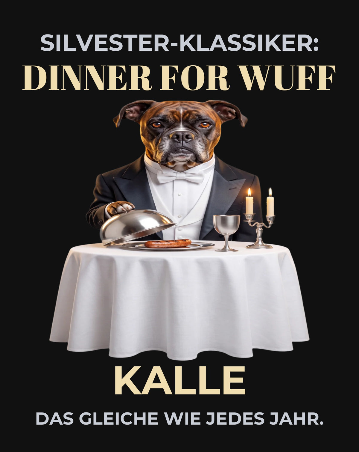 Dinner for Wuff – Druckdetail: Haustier im Smoking am Dinnertisch, personalisiert mit Name | Lil Snouts