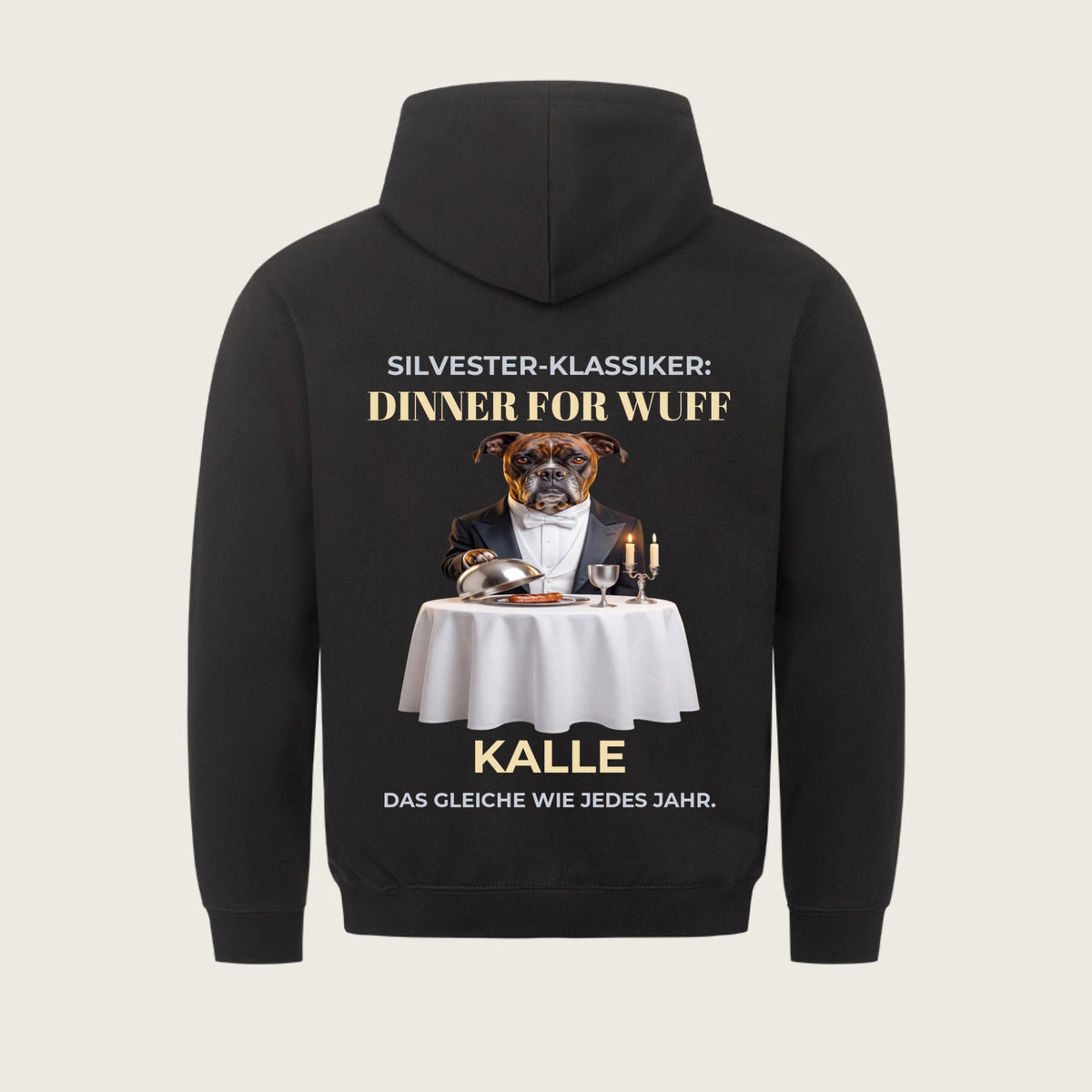 Dinner for Wuff – Flatlay: schwarzer Hoodie mit Rückendruck und Name | Lil Snouts