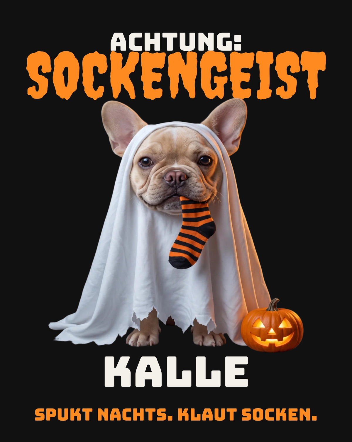 Sockengeist – Druckdetail: Französische Bulldogge als Geist mit Socke, personalisiert mit Name | Lil Snouts