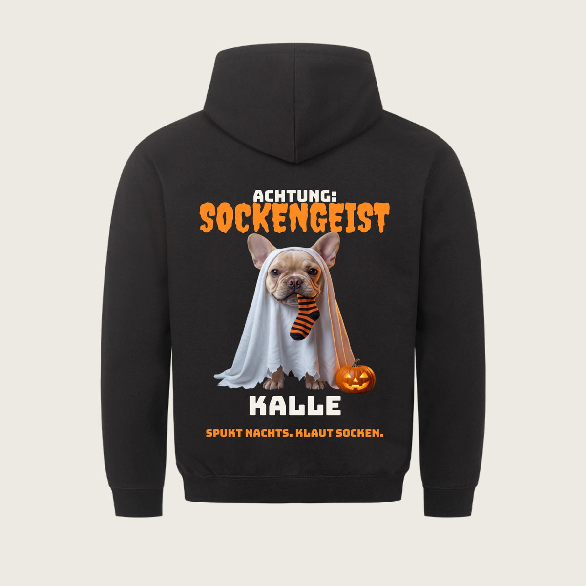 Sockengeist – Flatlay: schwarzer Hoodie mit Rückendruck und Name | Lil Snouts